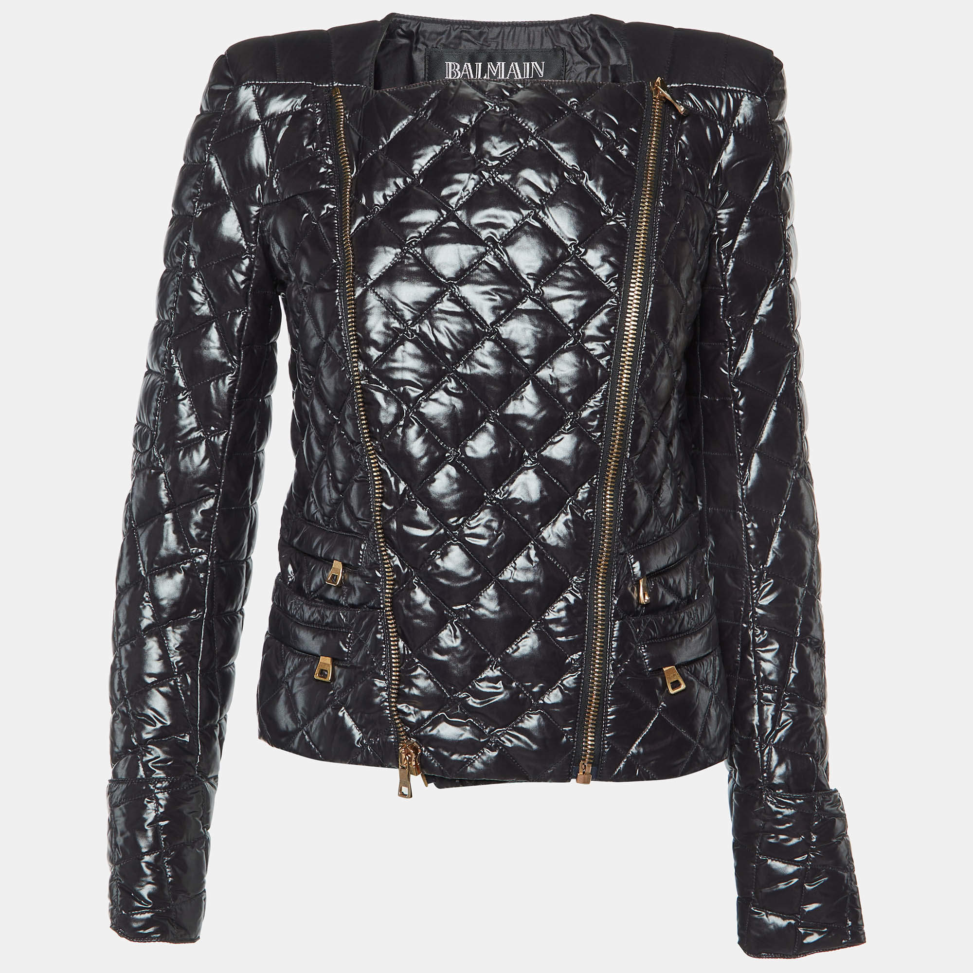 Pre Owned Balmain Black Nylon Zip-Up Quilted Down Jacket M