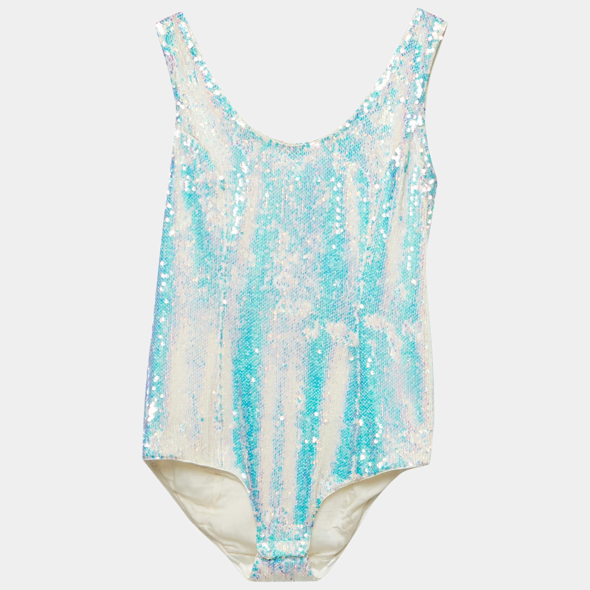 Balmain Metallic Blue Sequin Sleeveless Bodysuit M