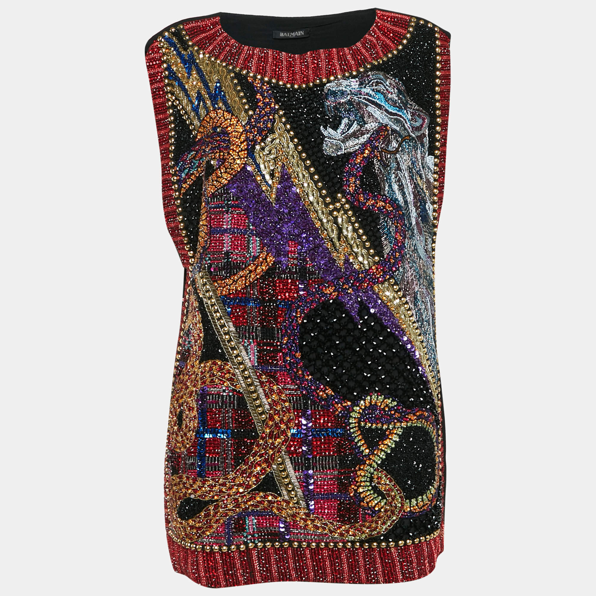 Balmain Black Beads and Sequin Embellished Silk Mini Shift Dress M