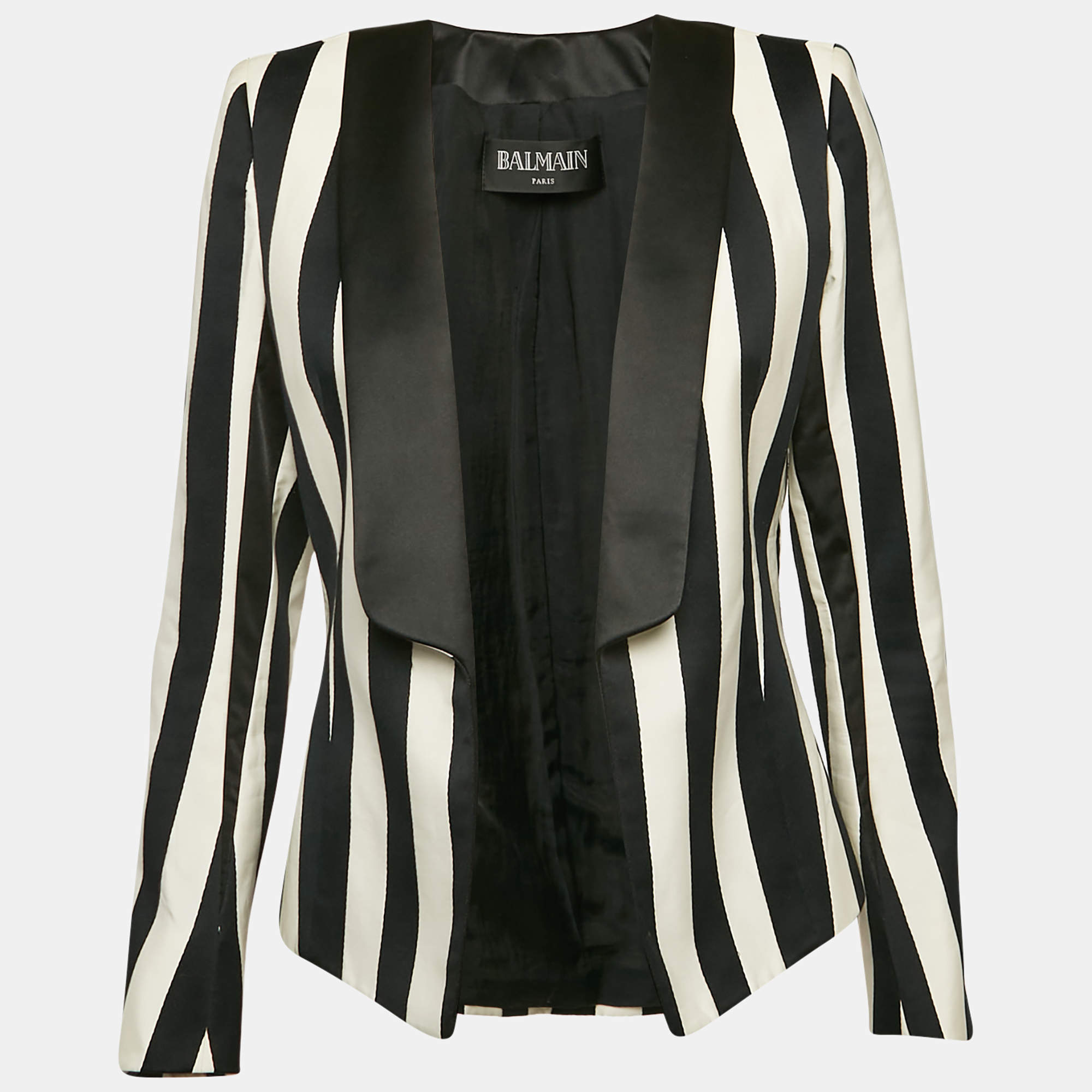 Pre Owned Balmain Black/White Stripe Cotton Blend Open Front Blazer M