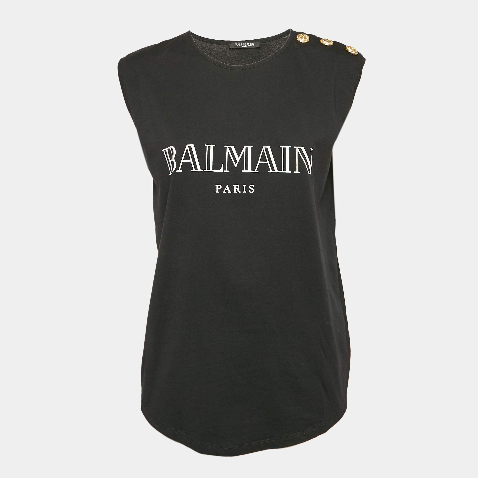 Balmain Black Logo Print Jersey Button Detail Tank Top S
