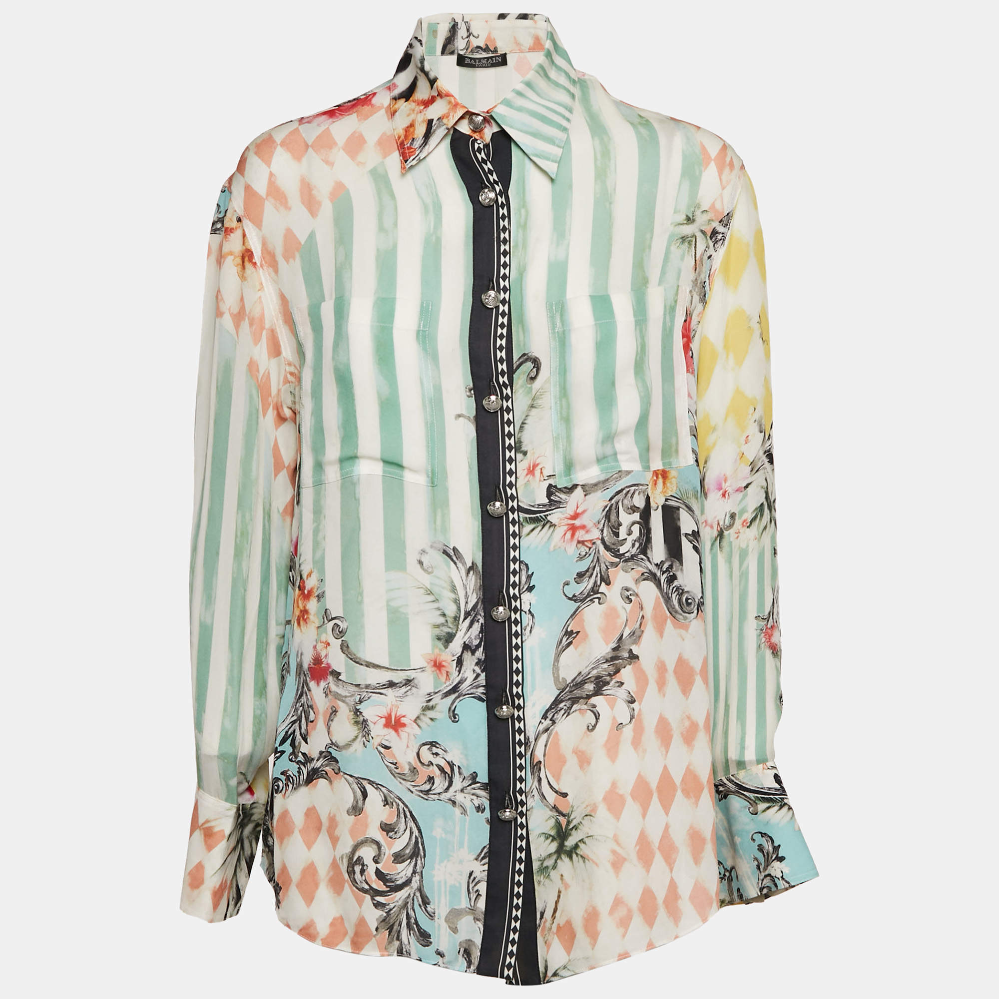 Pre Owned Balmain Green Stripe and Floral Print Chiffon Shirt L