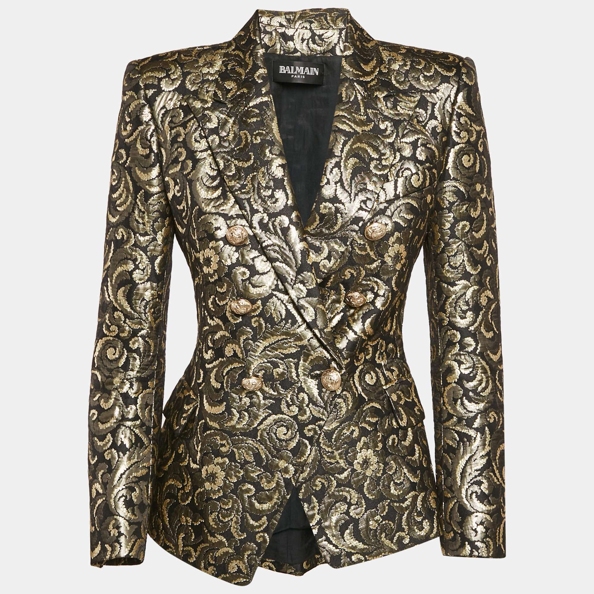 Pre Owned Balmain Black/Gold Brocade Double Breasted Blazer M