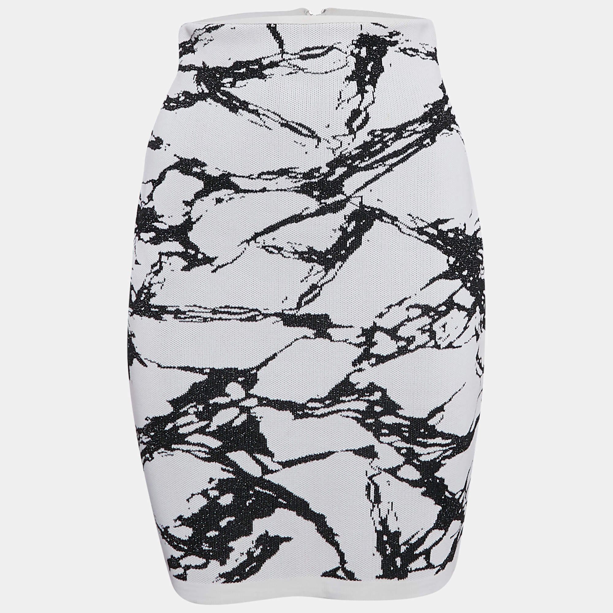 Balmain White/Black Abstract Knit High Rise Pencil Skirt S 