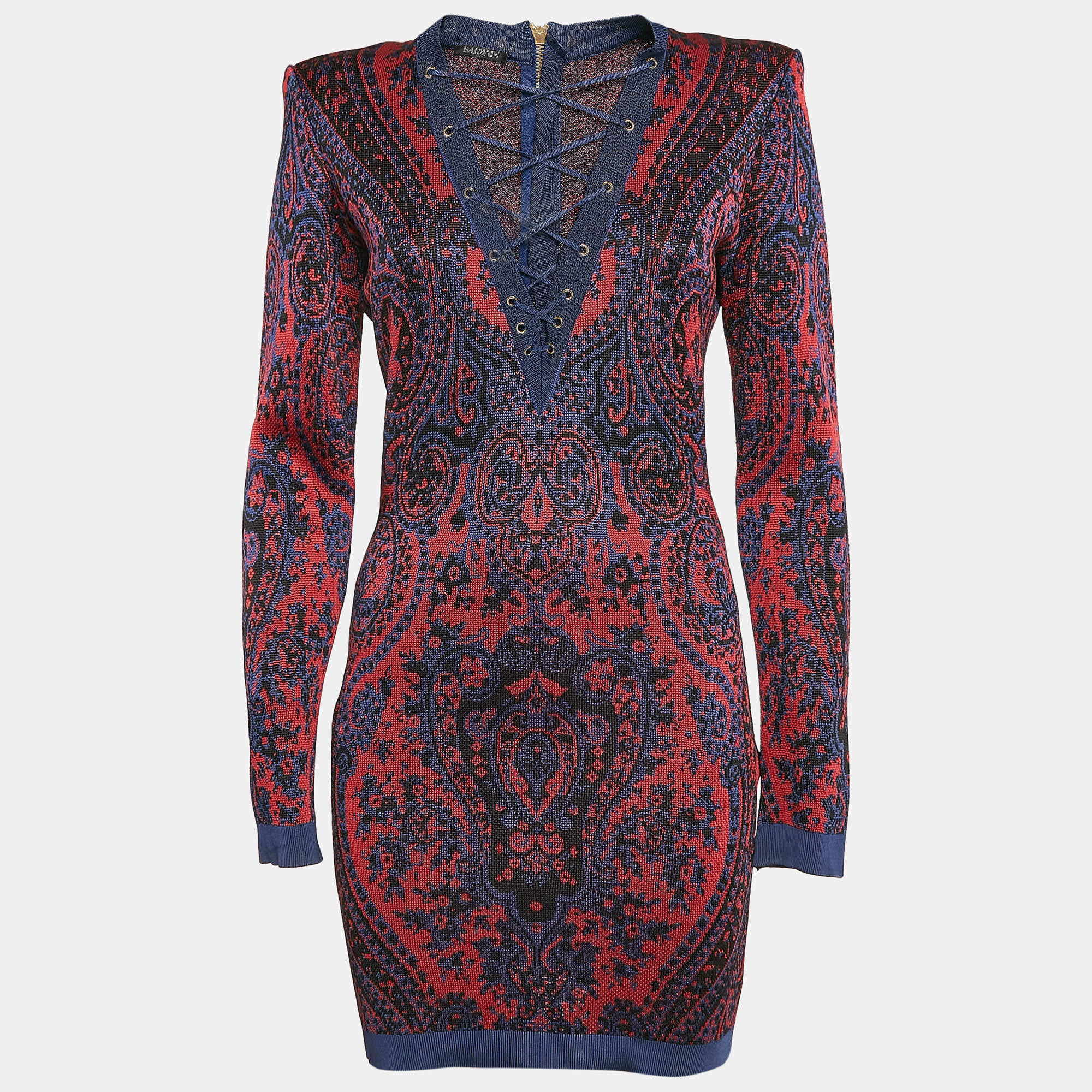 Pre Owned Balmain Red/Blue Paisley Knit Lace-Up Mini Dress M