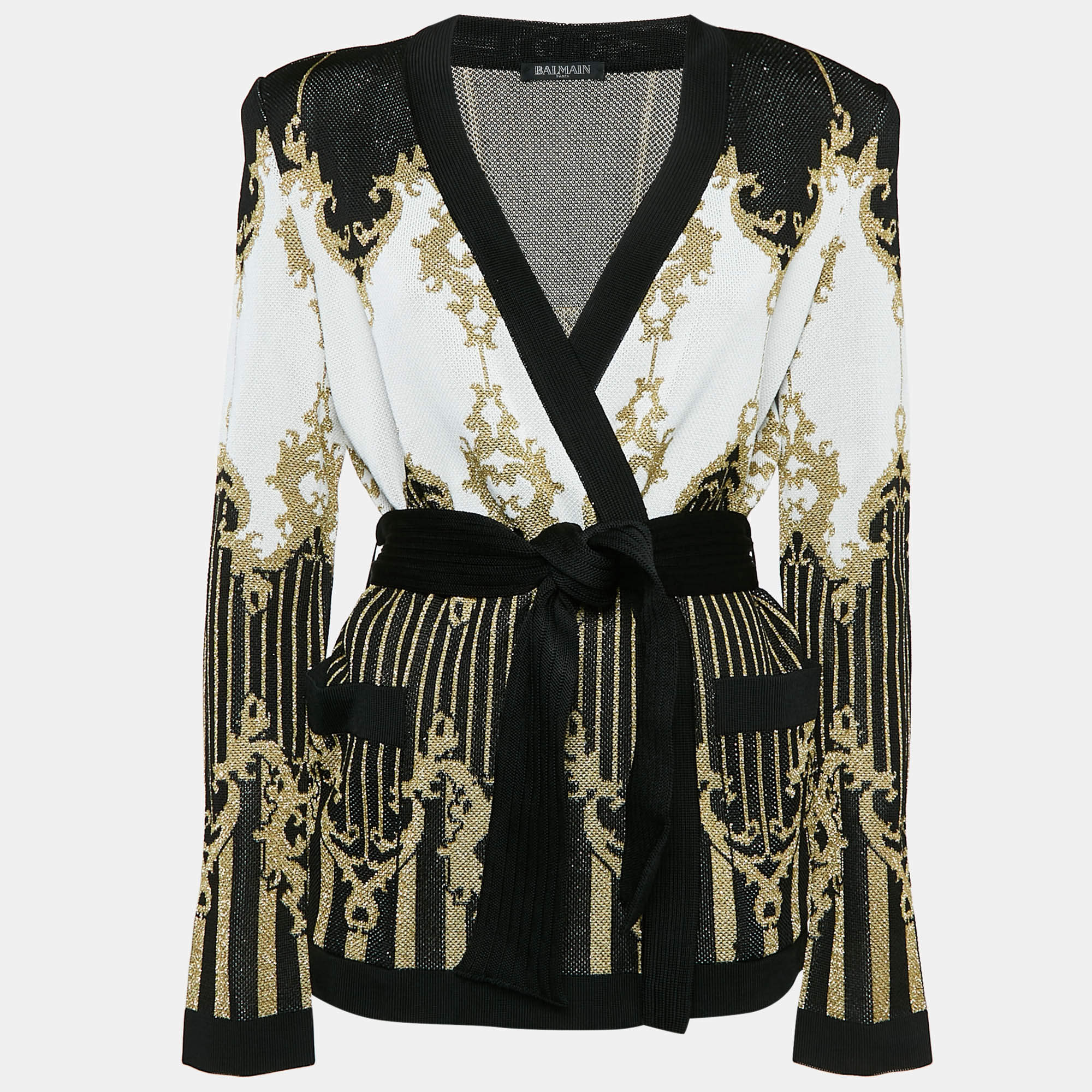 Balmain Metallic Patterned Lurex Knit Belted Cardigan L