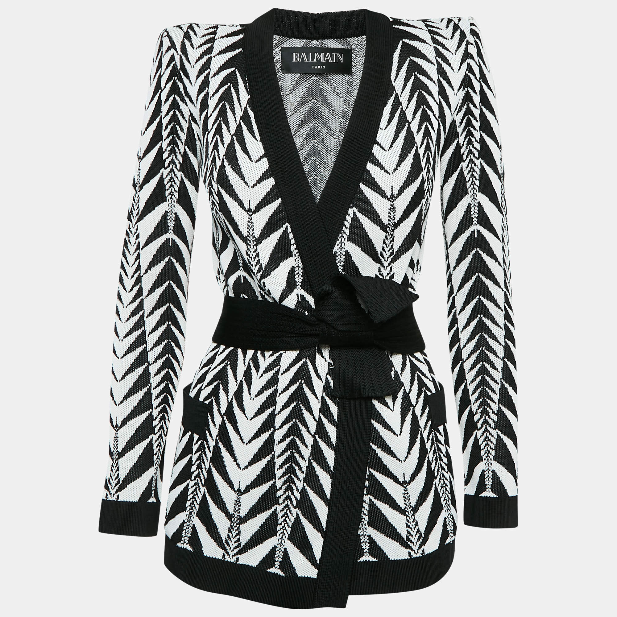 Pre Owned Balmain White/Black Patterned Knit Belted Cardigan S