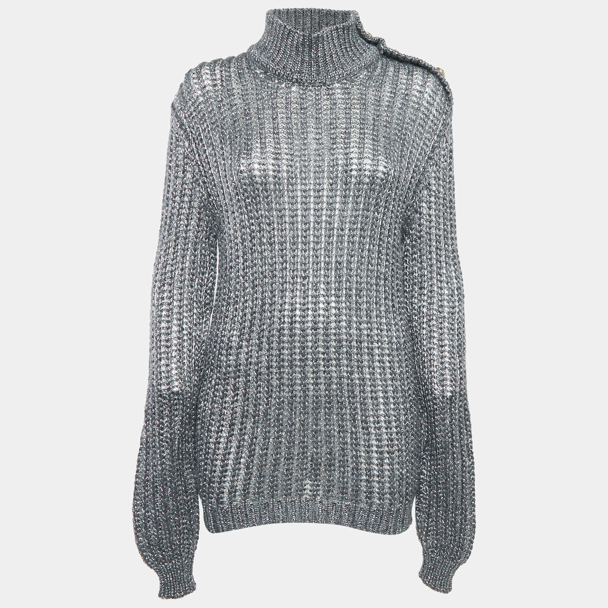 Pre Owned Balmain Silver/Grey Lurex Knit High Neck Jumper L