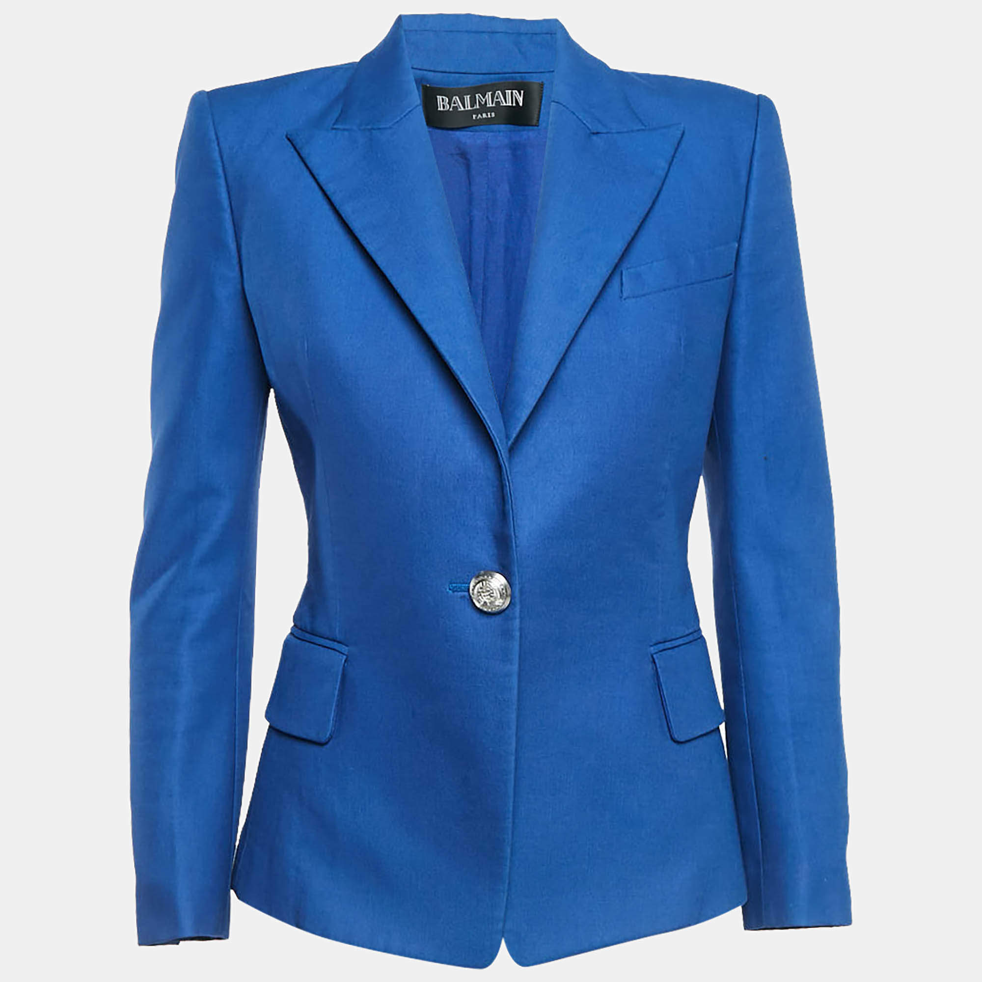 Pre Owned Balmain Blue Cotton Button Detail Single Breasted Blazer M