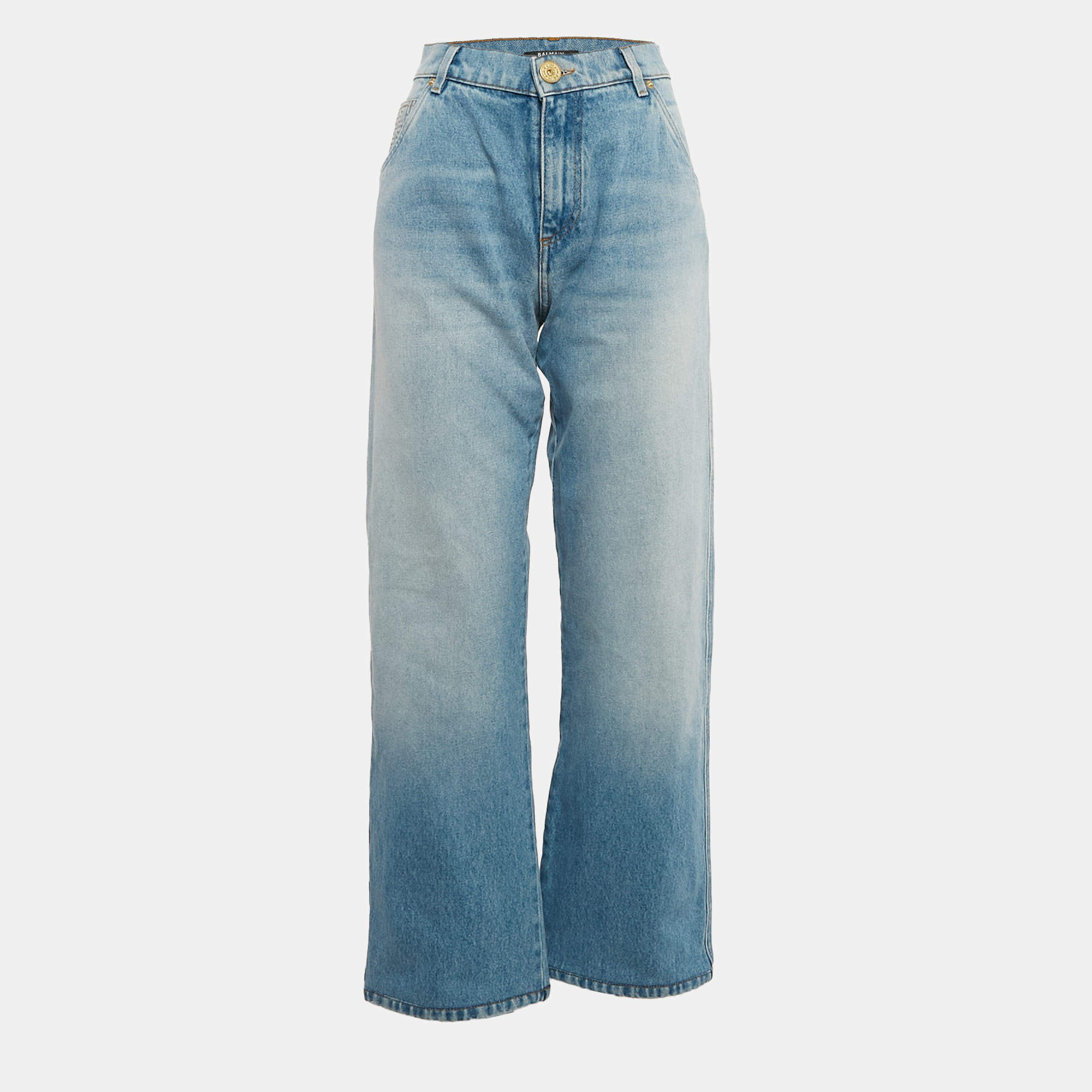 Balmain Blue Logo Embossed Denim Loose Fit Straight Leg Jeans M Waist 30"