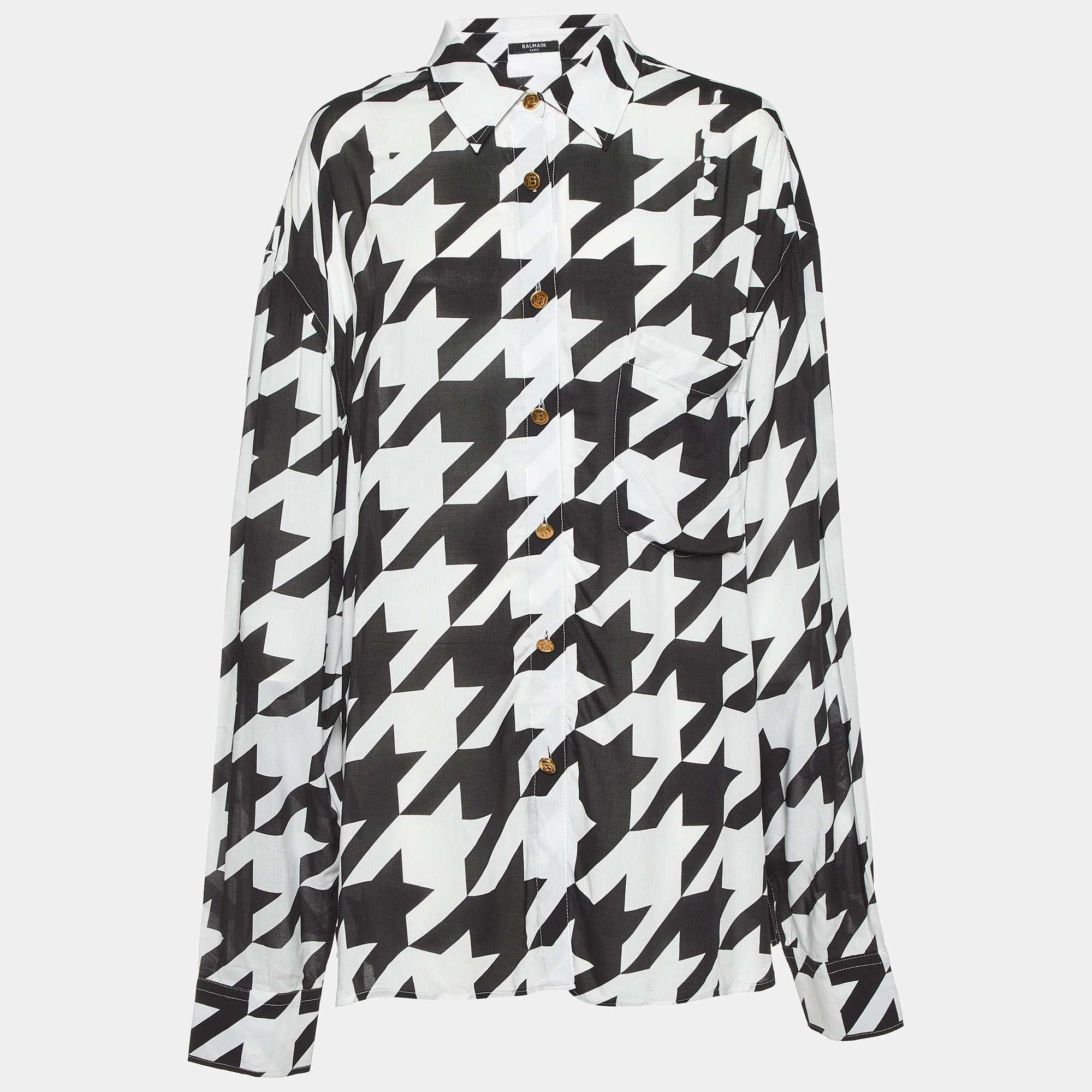 Balmain Monochrome Houndstooth Print Poplin Button Front Shirt L