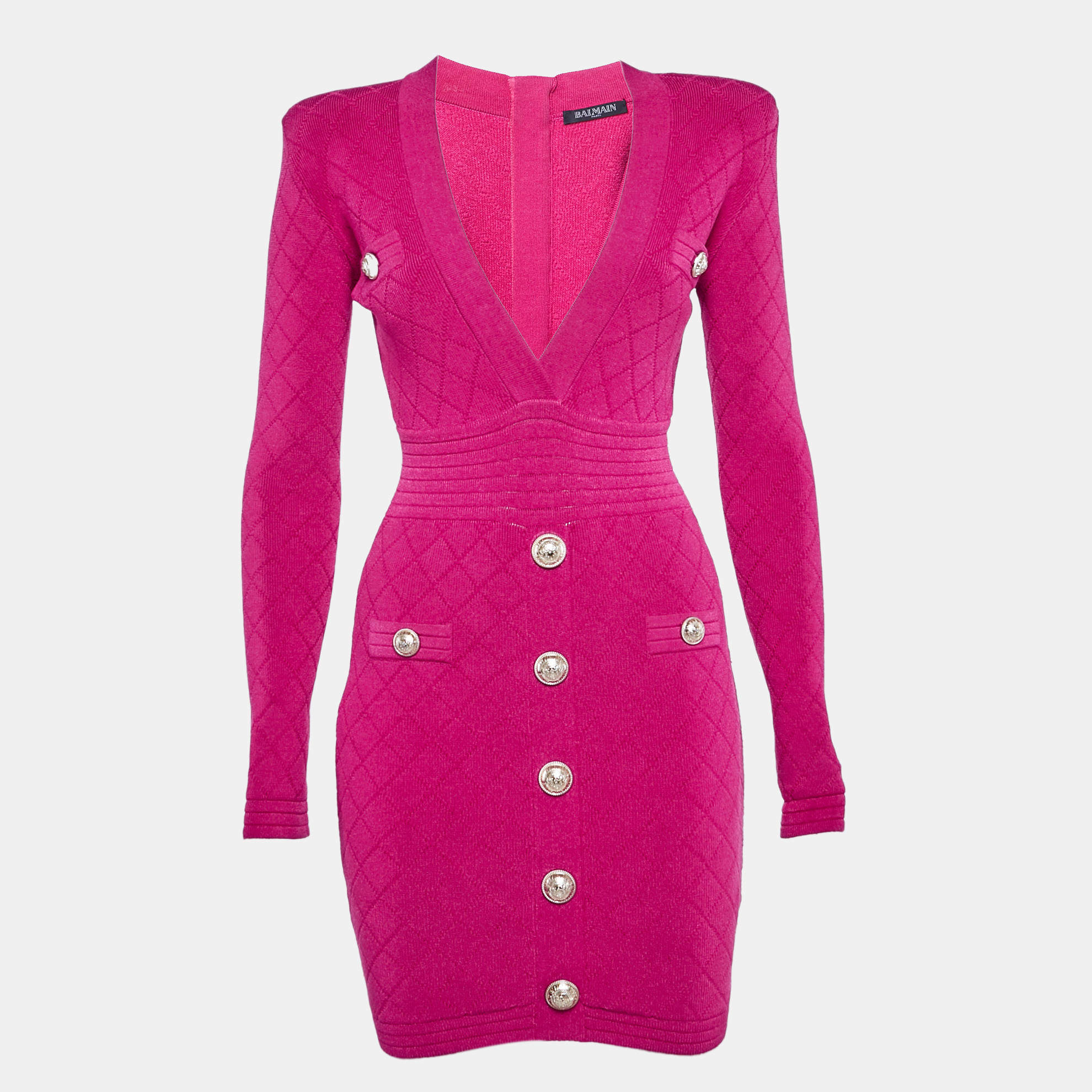 Pre Owned Balmain Fuchsia Pink Jacquard Knit Button Detail Mini Dress S