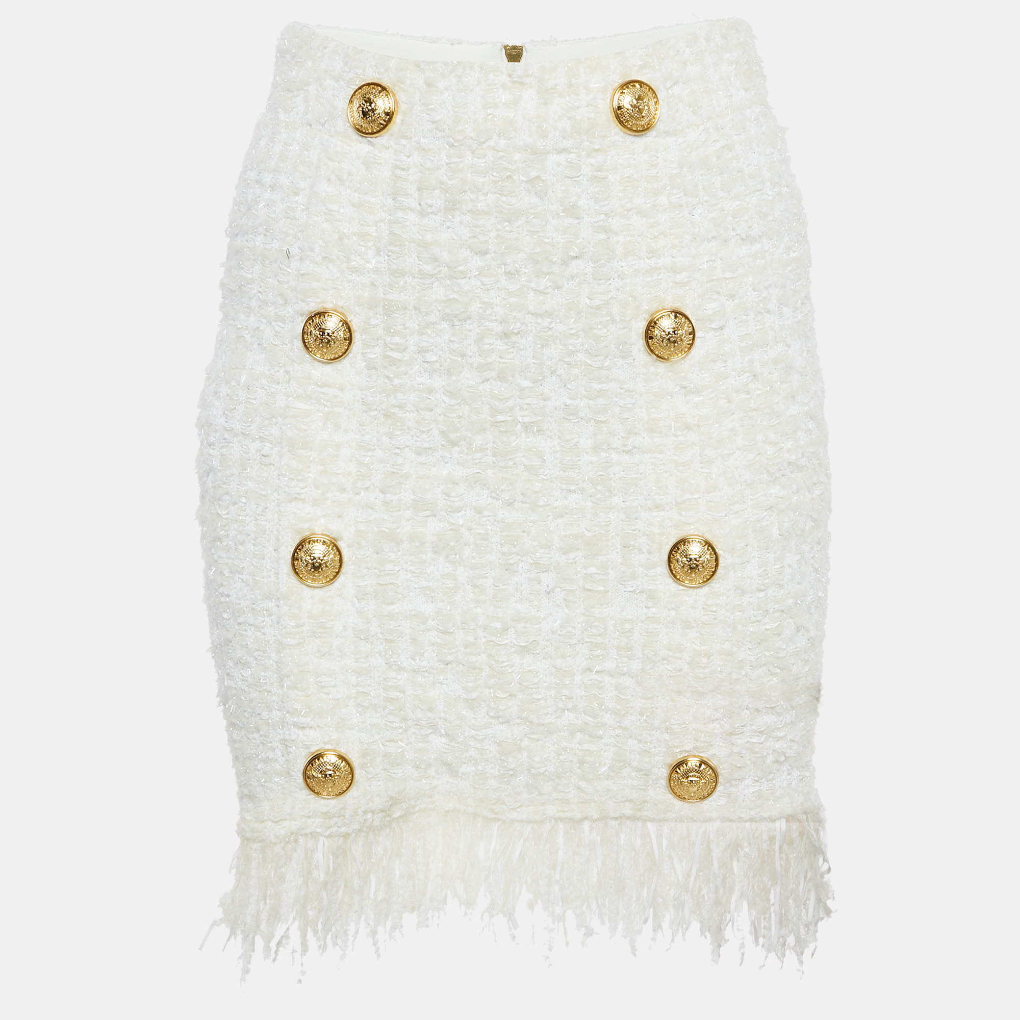 Pre Owned Balmain White Tweed Button Detail Pencil Skirt M