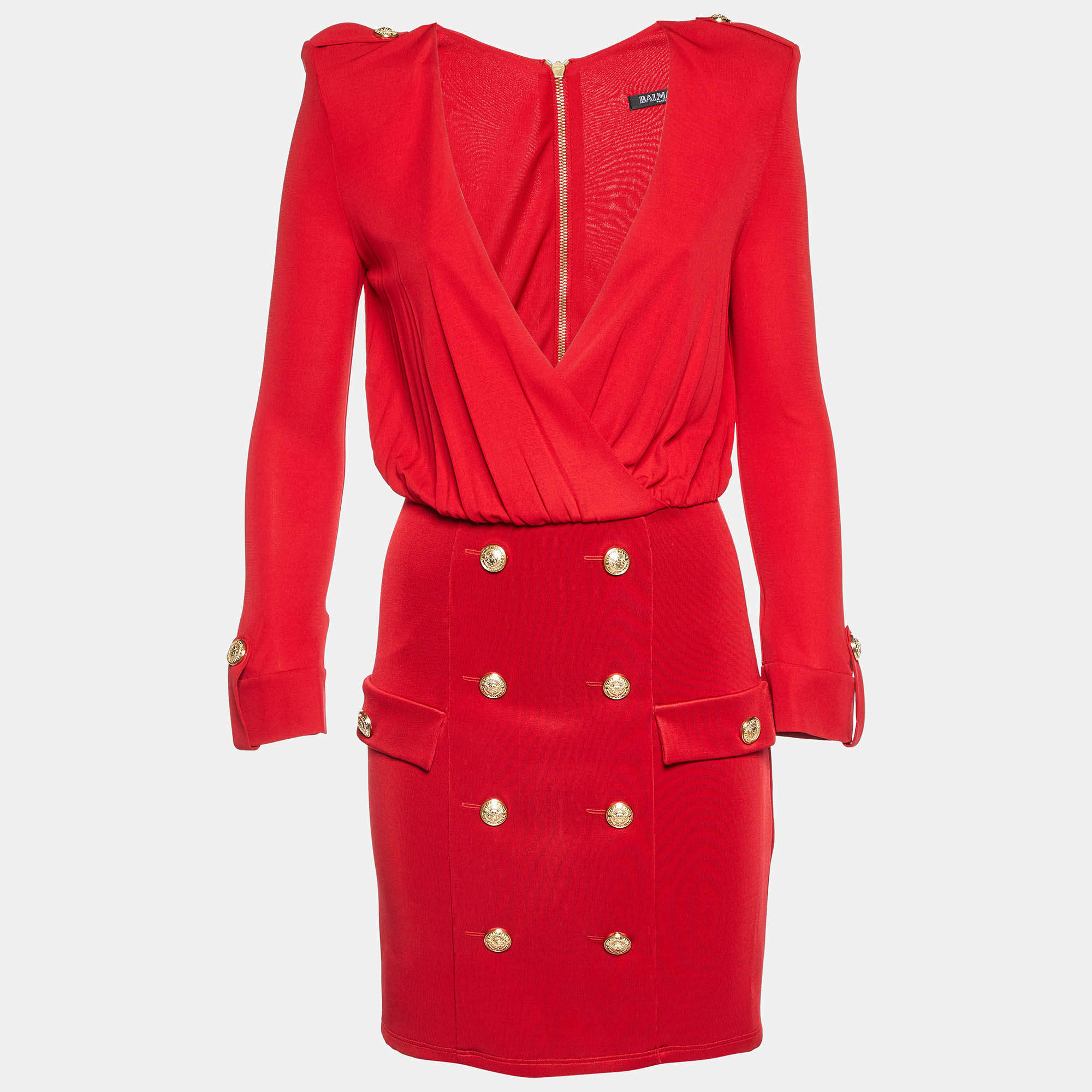 Pre Owned Balmain Red Jersey Button Embellished Mini Dress M