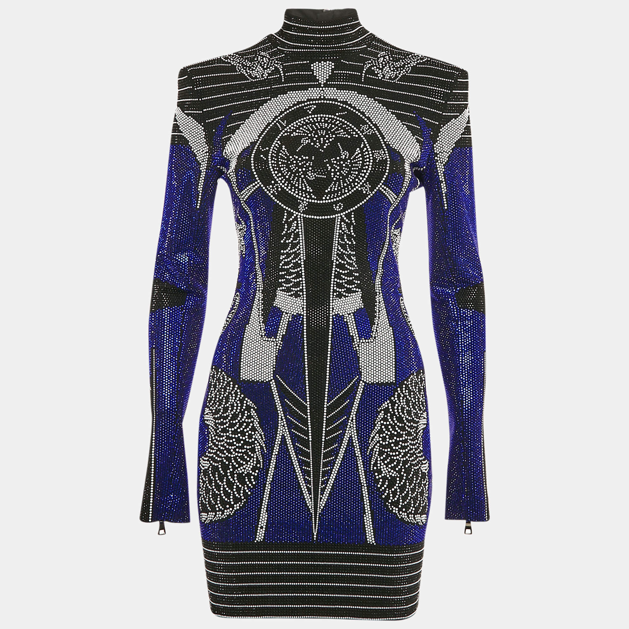 Balmain Blue/Multicolor Studded Mini Bodycon Dress M
