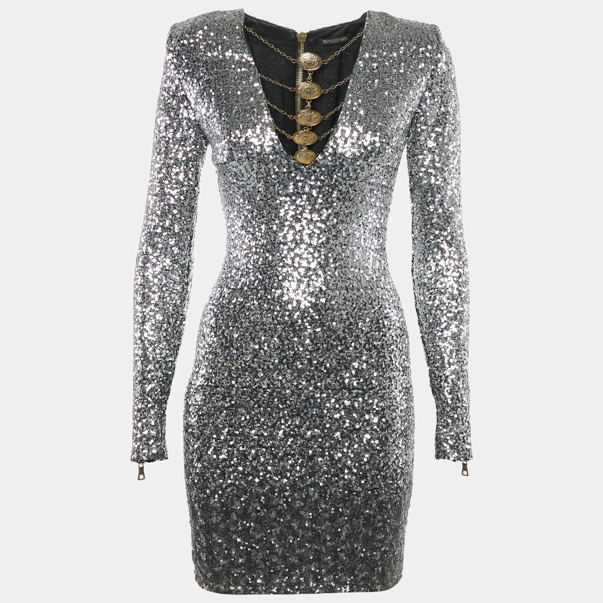 Pre Owned Balmain Silver Sequin Metal Detail V-Neck Mini Dress S