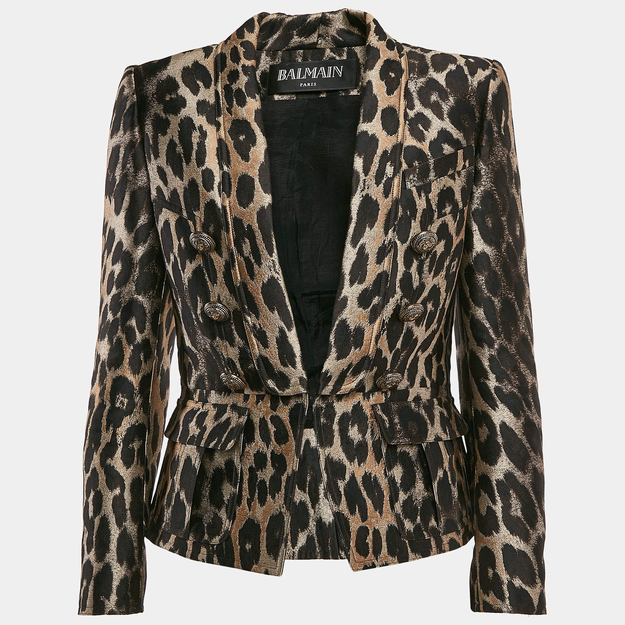 Balmain Brown Leopard Pattern Jacquard Button Detail Blazer M