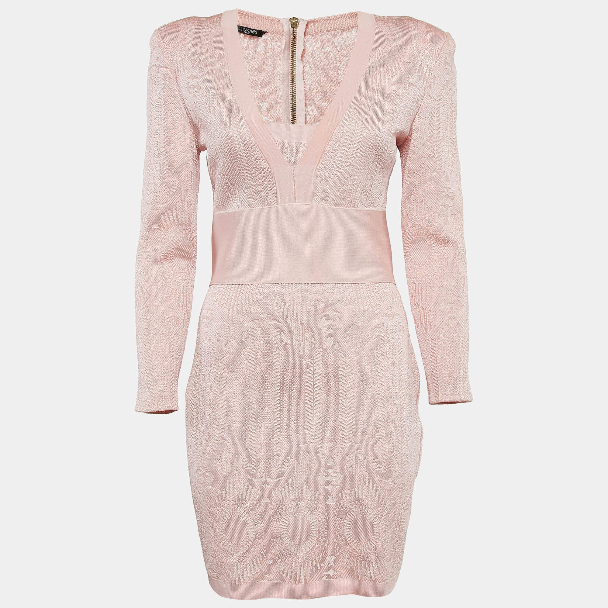 Pre Owned Balmain Pink Patterned Knit Full Sleeve V-Neck Mini Dress M