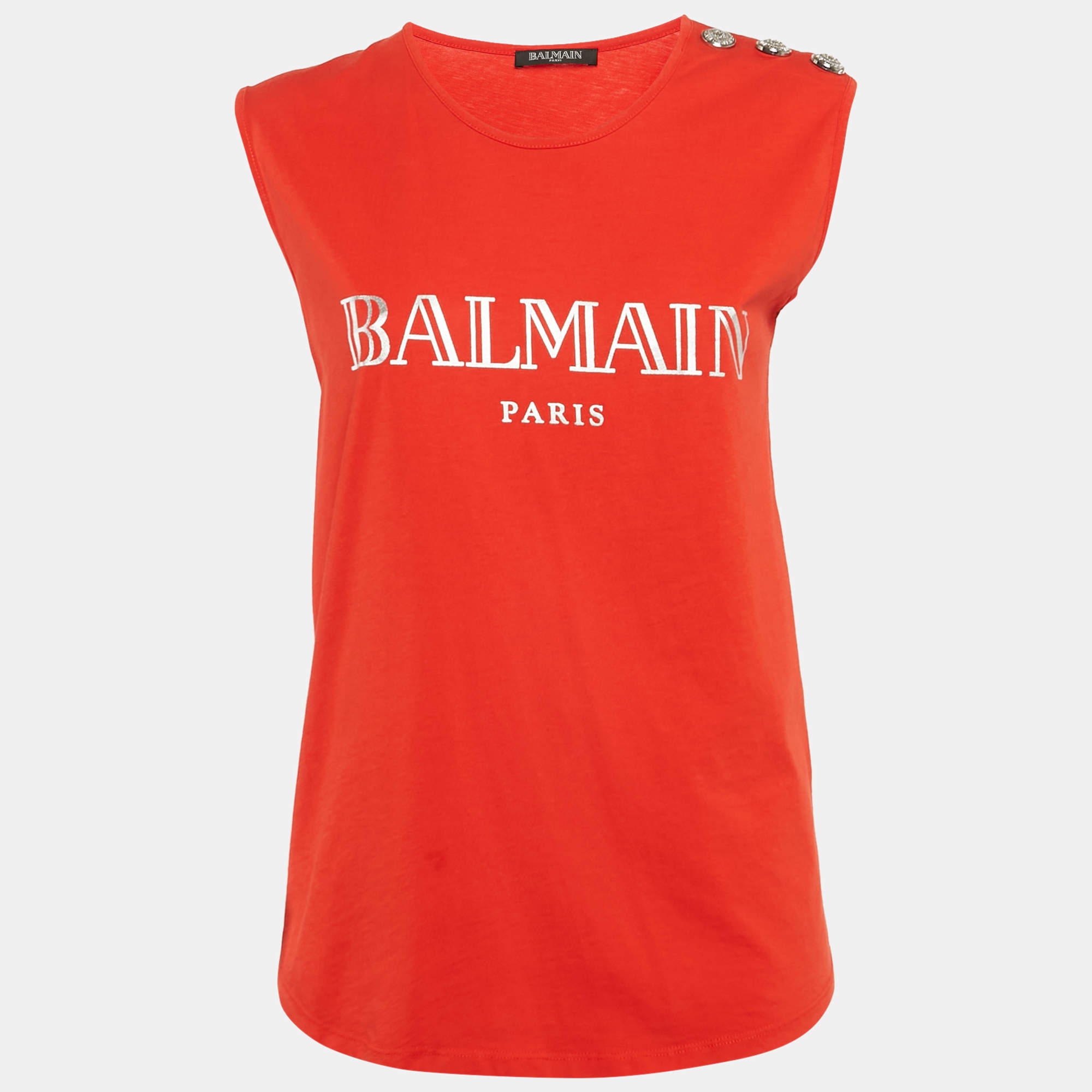 Balmain Red Logo Print Cotton Knit Button Front Sleeveless S