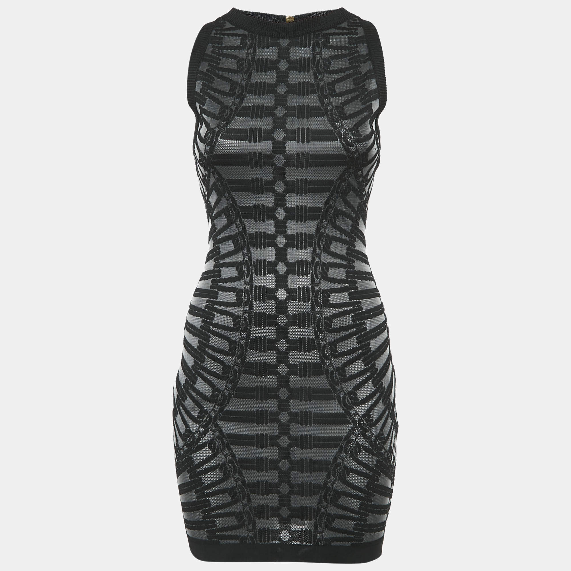 Pre Owned Balmain Black Patterned Knit Sleeveless Mini Bodycon Dress S