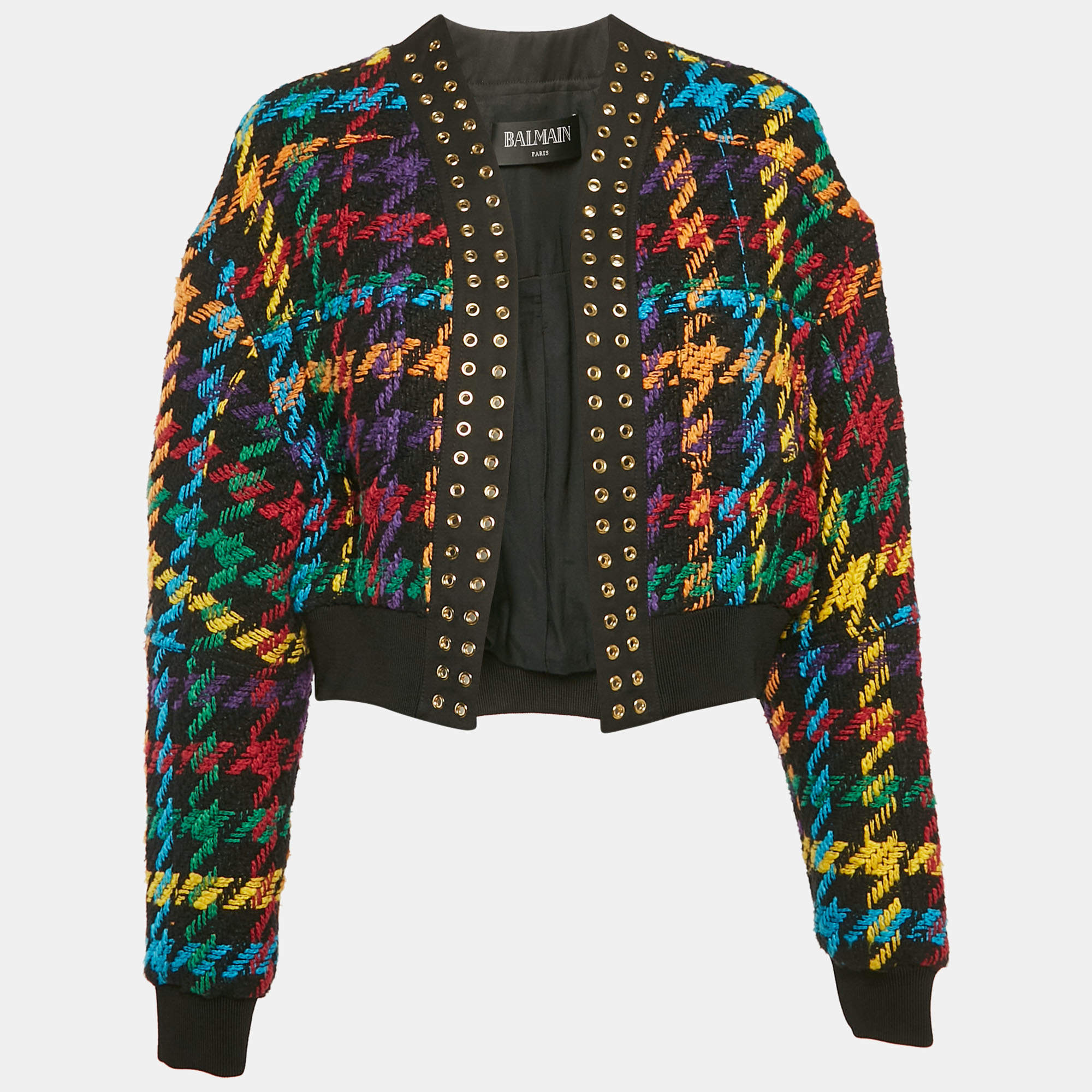Balmain Multicolor Houndstooth Cotton Blend Eyelet Detail Open Front Jacket S