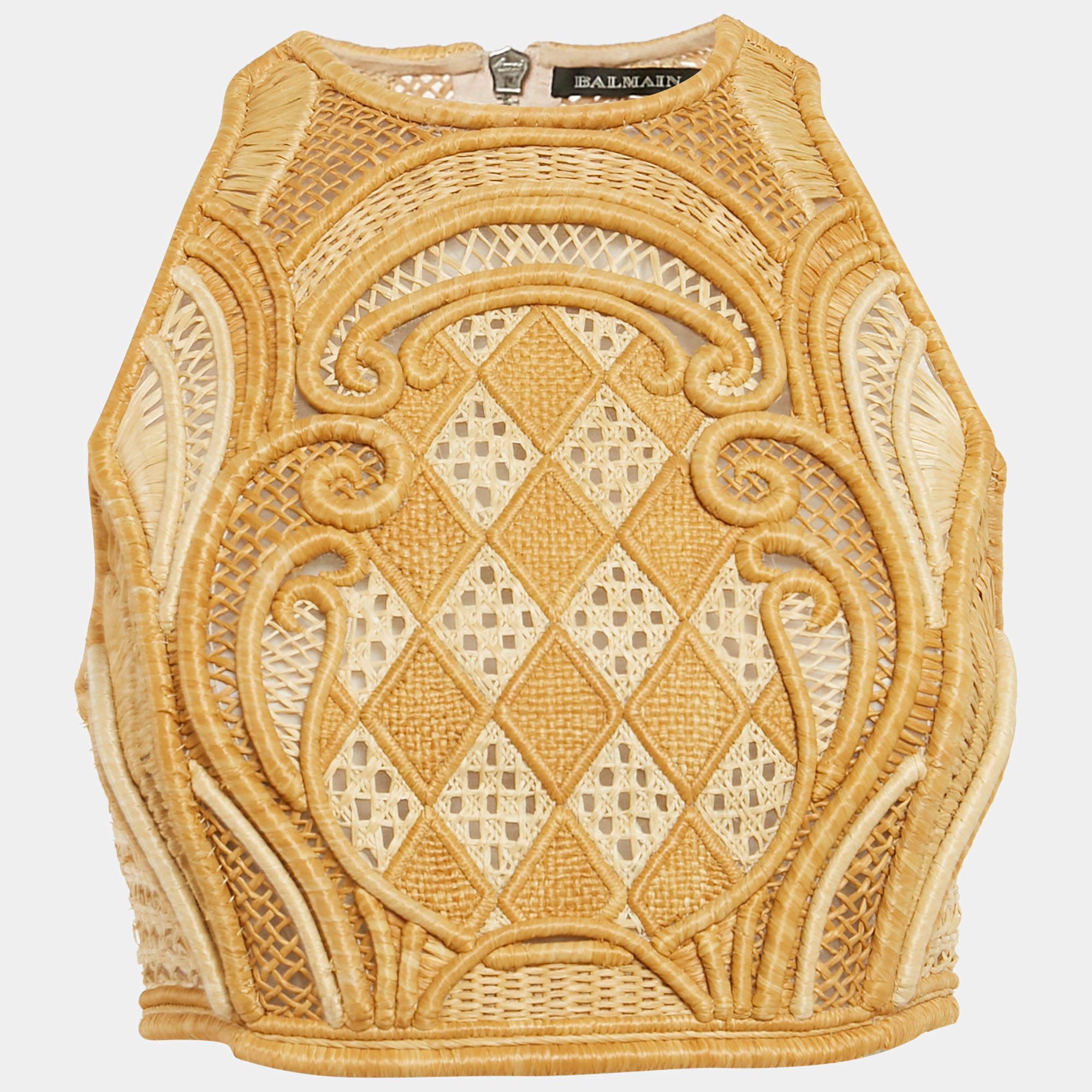 Balmain Brown Straw and Silk Sleeveless Crop Top M
