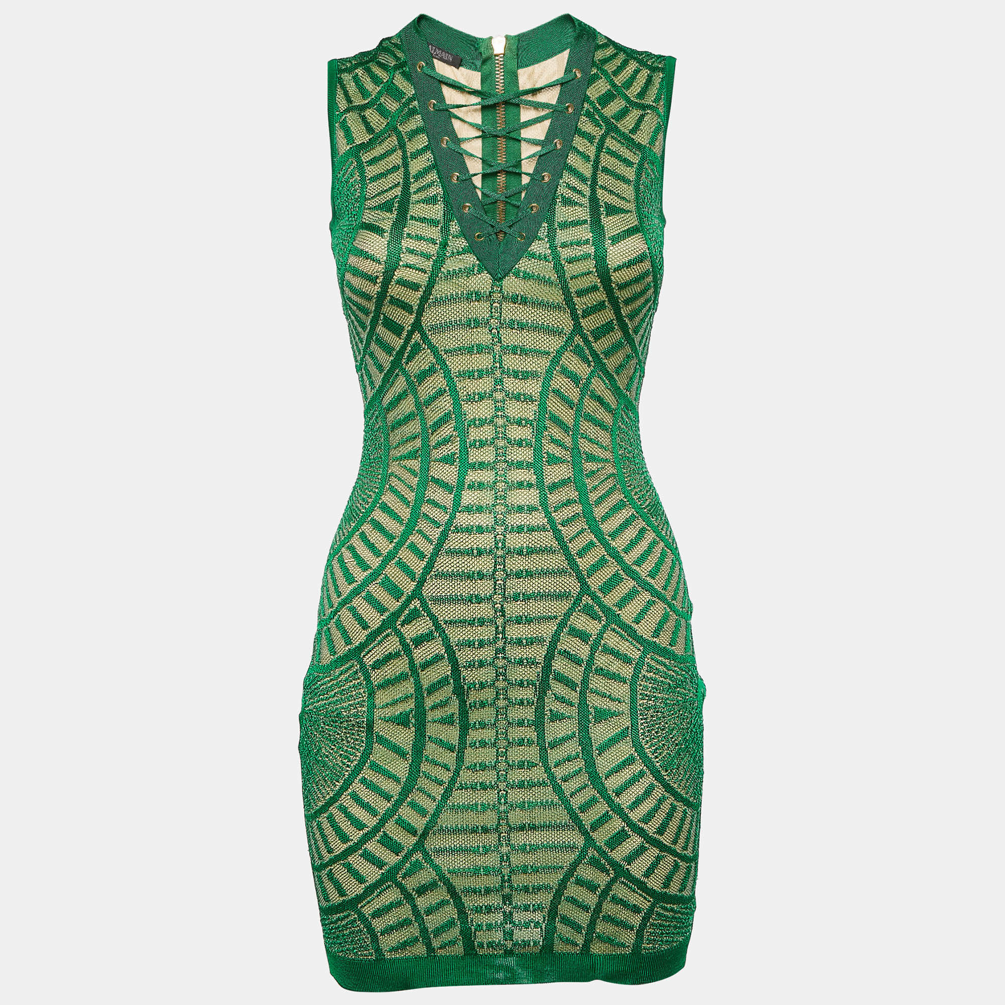 Pre Owned Balmain Green Patterned Knit Sleeveless Lace-Up Bodycon Dress S