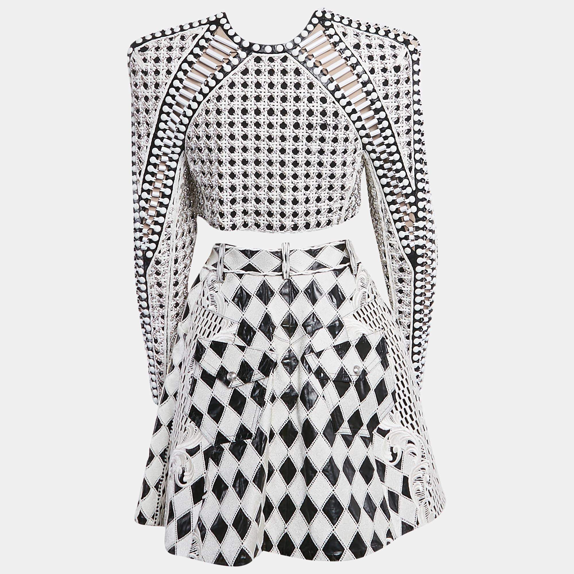 Pre Owned Balmain Black/White Crystal Embellished Wool and Leather Blazer and Skirt S