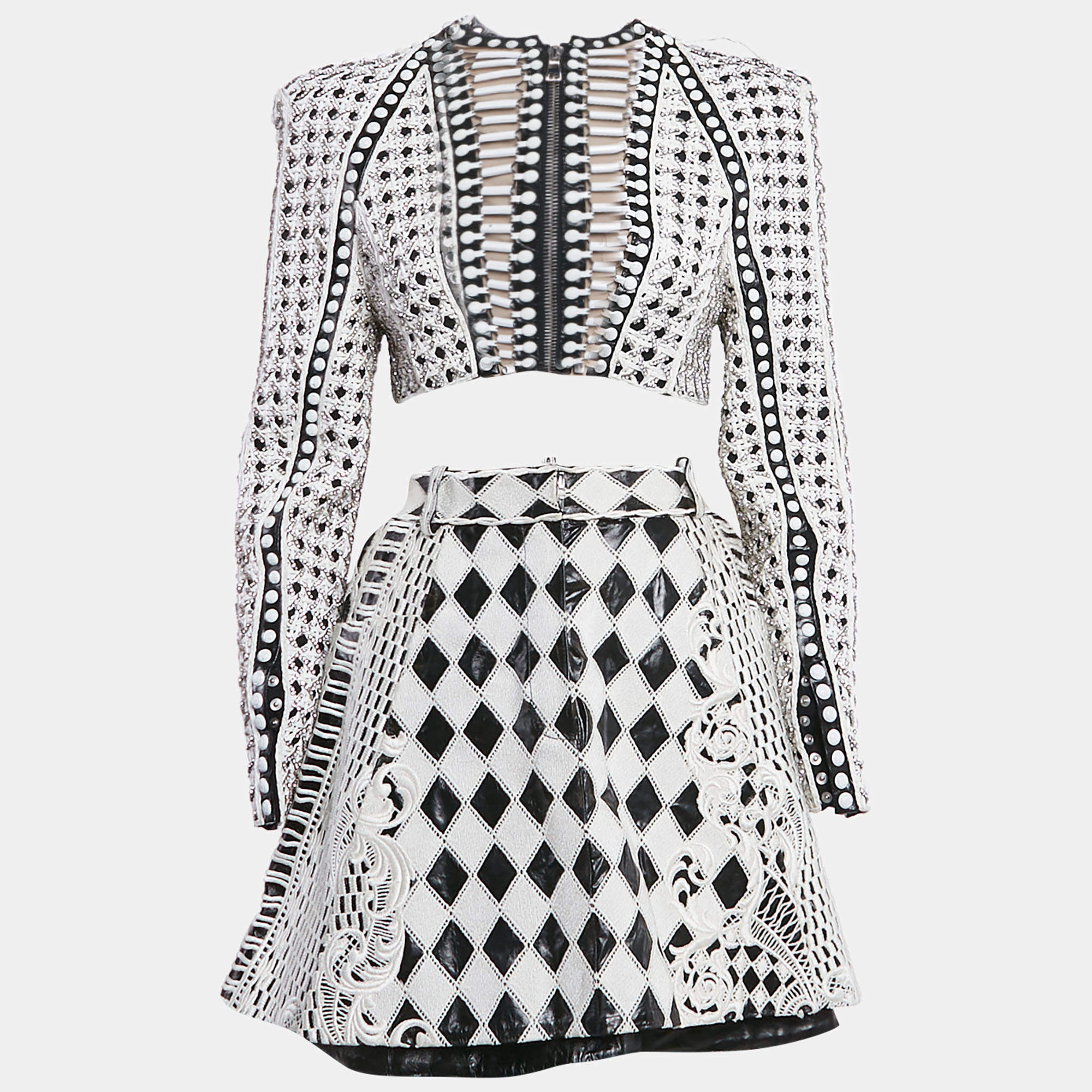 Pre Owned Balmain Black/White Crystal Embellished Wool and Leather Blazer and Skirt S