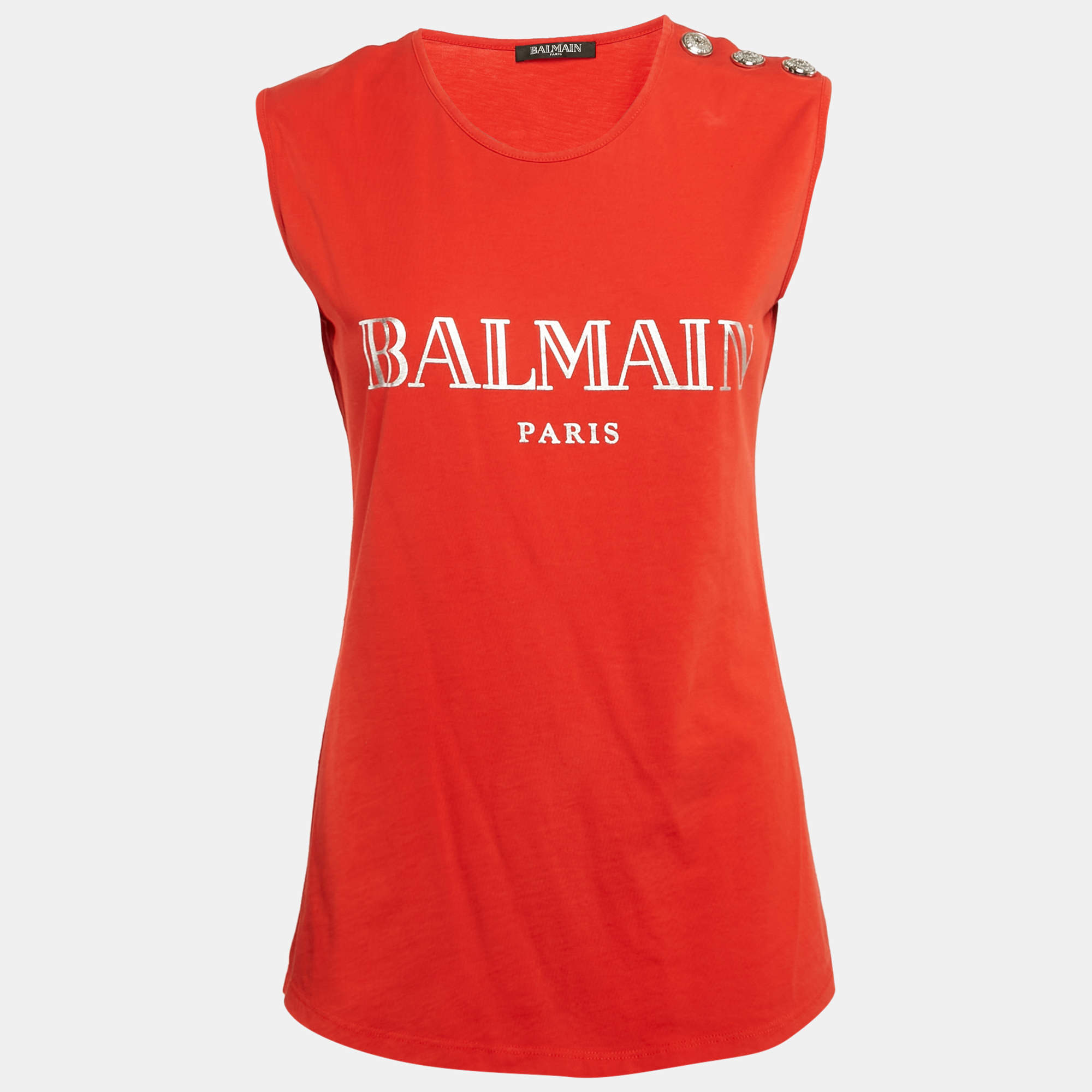 Balmain Orange Logo Print Jersey Button Detail Sleeveless T-Shirt S