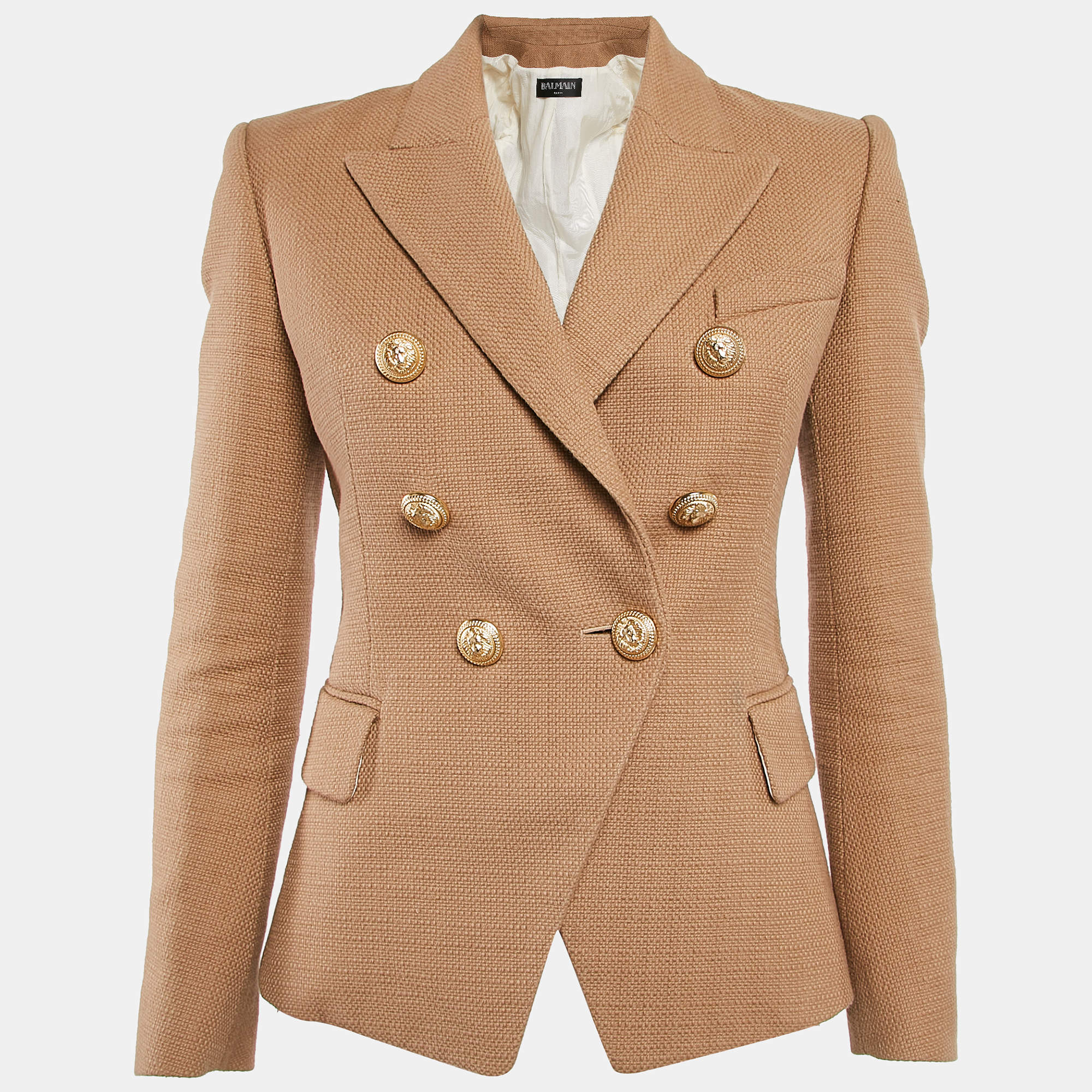 Pre Owned Balmain Brown Basket Weave Cotton Double Breasted Jacket S