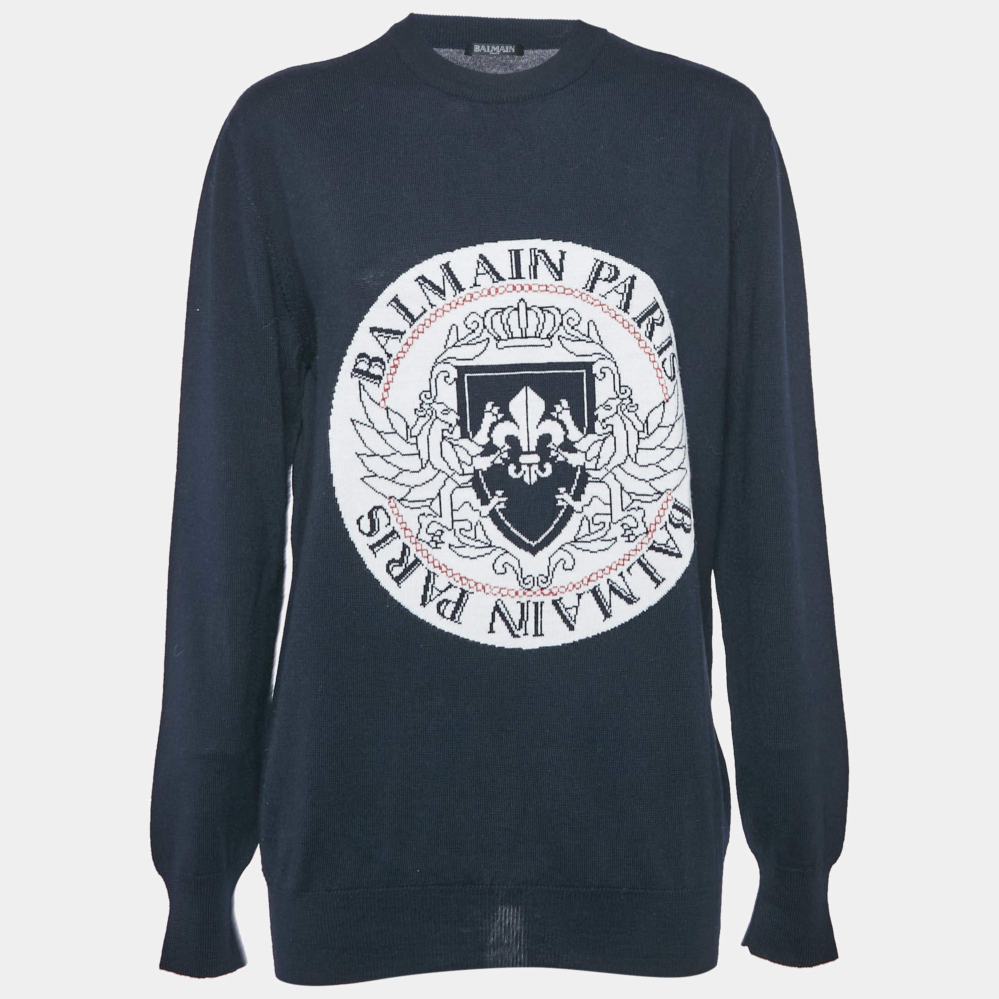 Pre Owned Balmain Navy Blue Intarsia Knit Crew Neck Sweater M