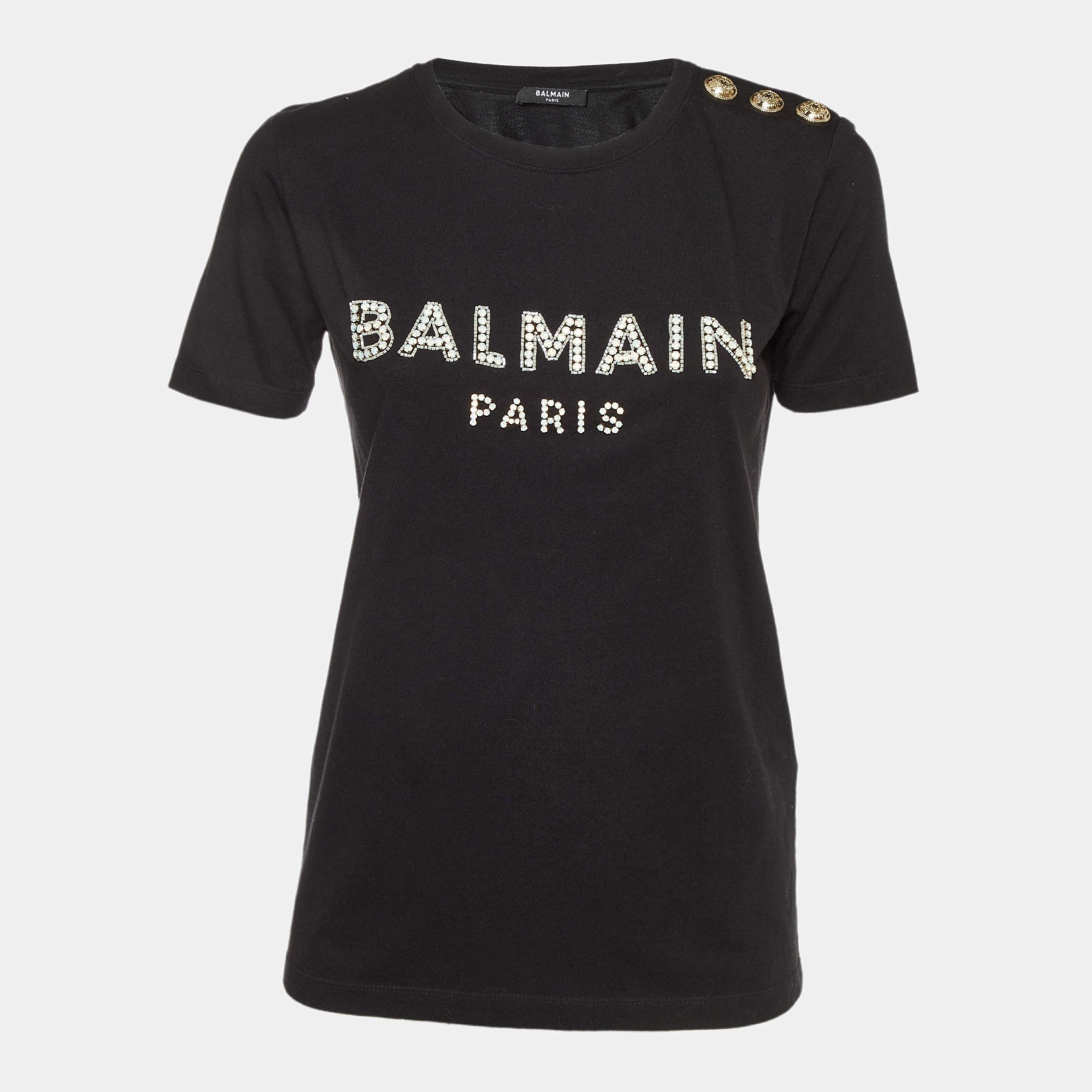 Balmain Black Logo Print Cotton Crystals Embellished T-Shirt S