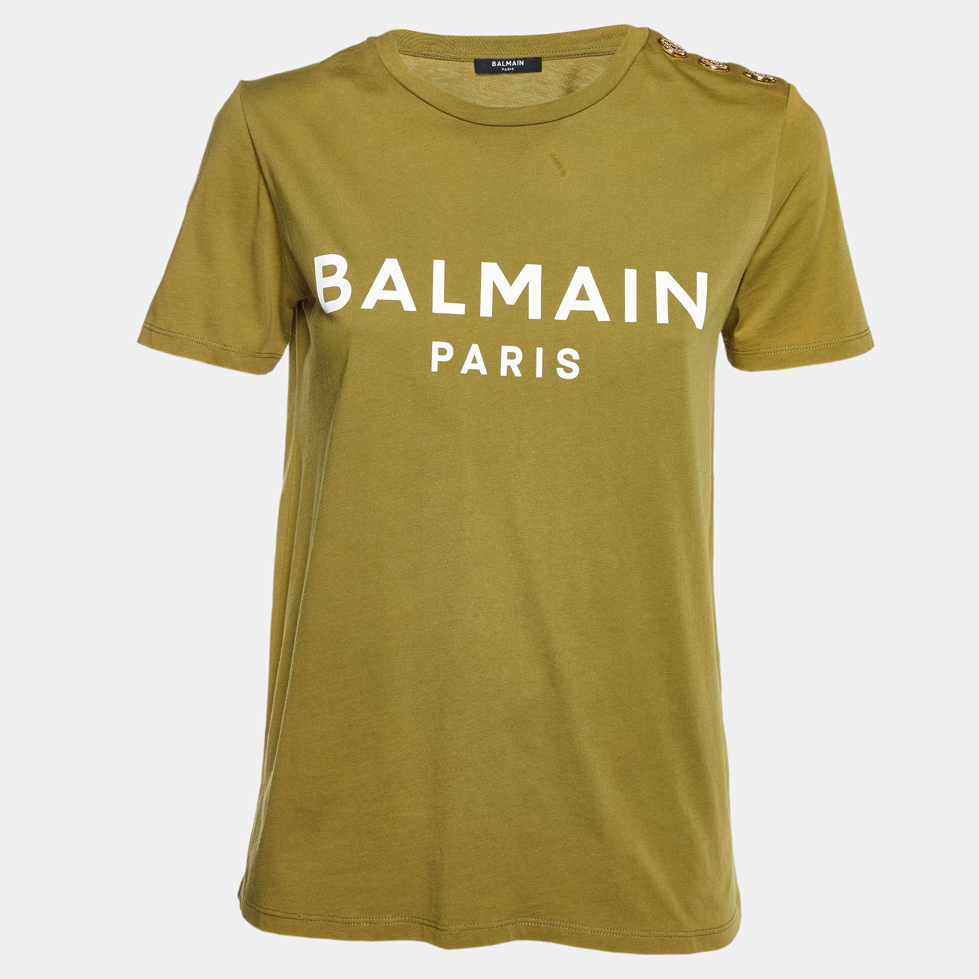 Balmain Green Logo Printed Cotton Buttons Detail Half Sleeve T-Shirt S
