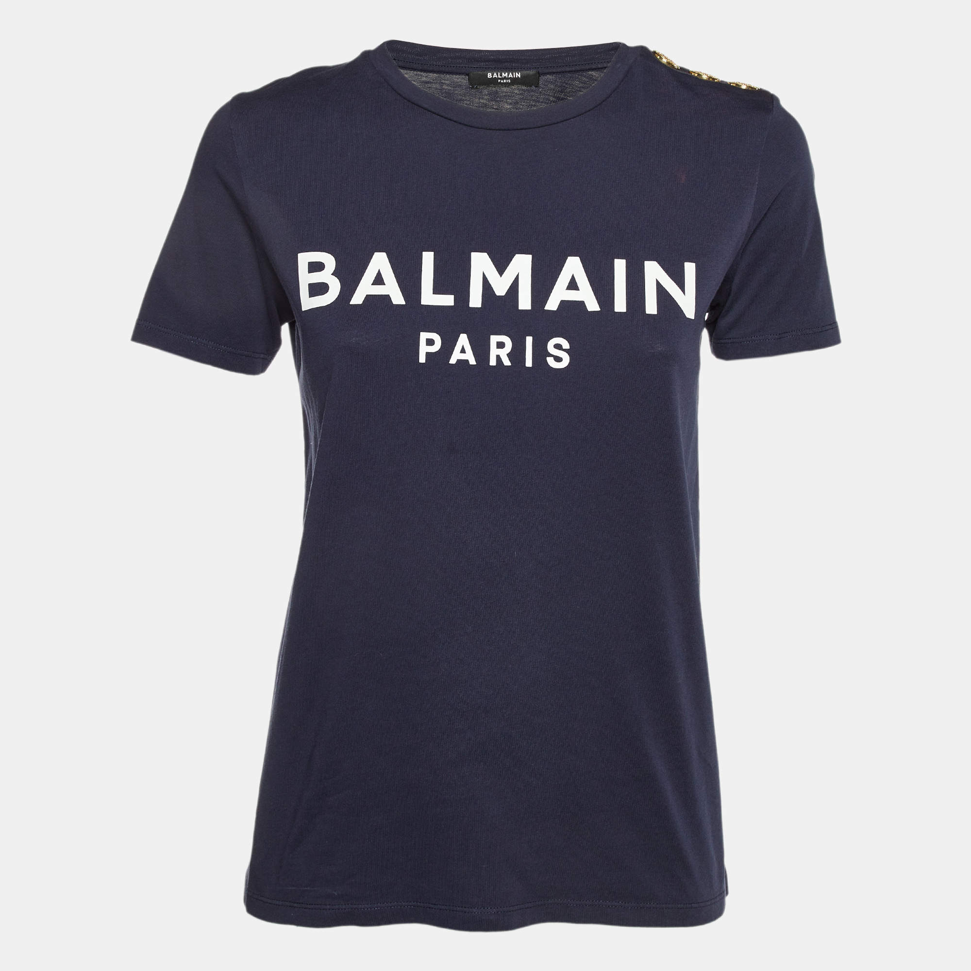 Pre Owned Balmain Blue Logo Printed Cotton Buttons Detail Half Sleeve T-Shirt XS