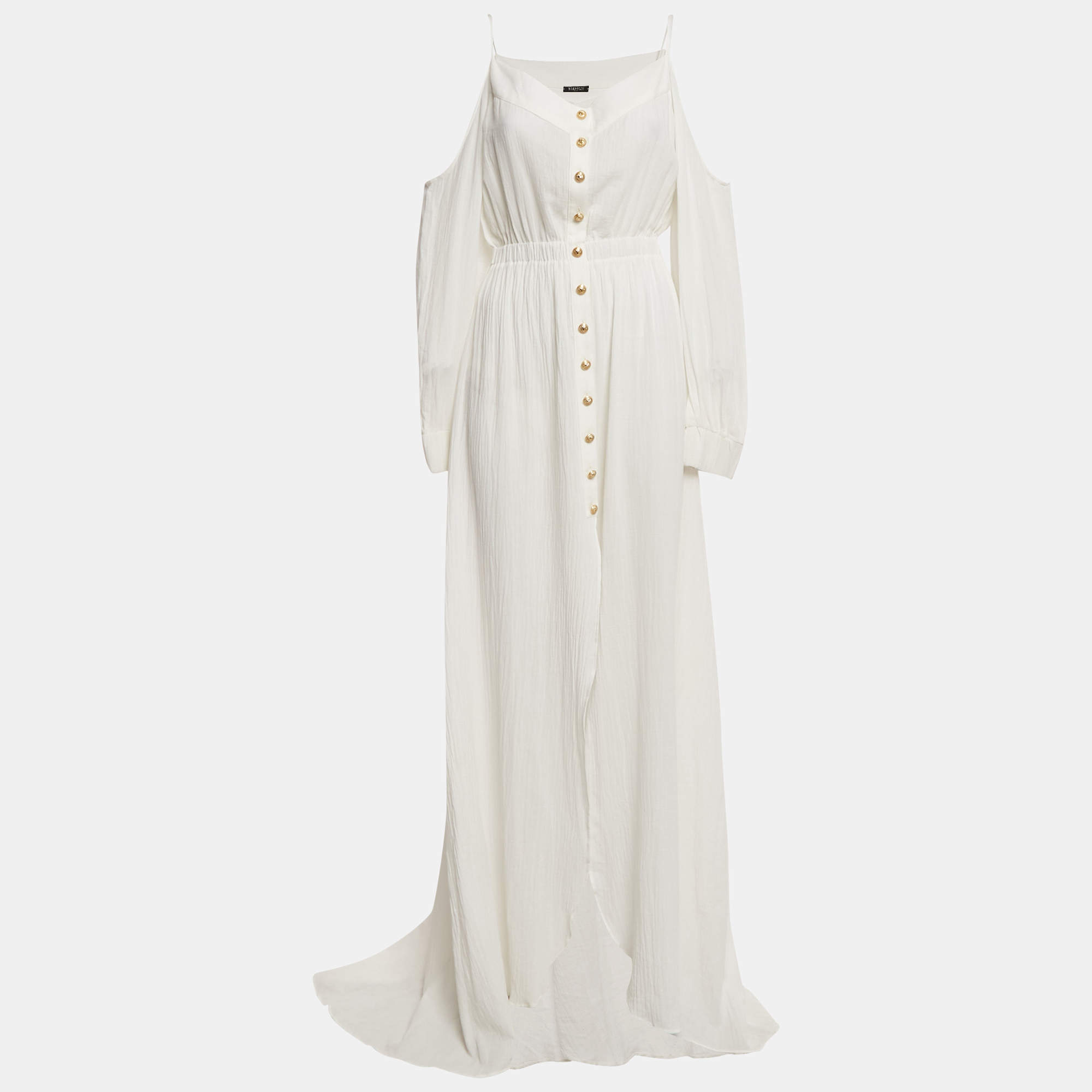 Pre Owned Balmain White Gauze Cotton Cold Shoulder Maxi Dress M
