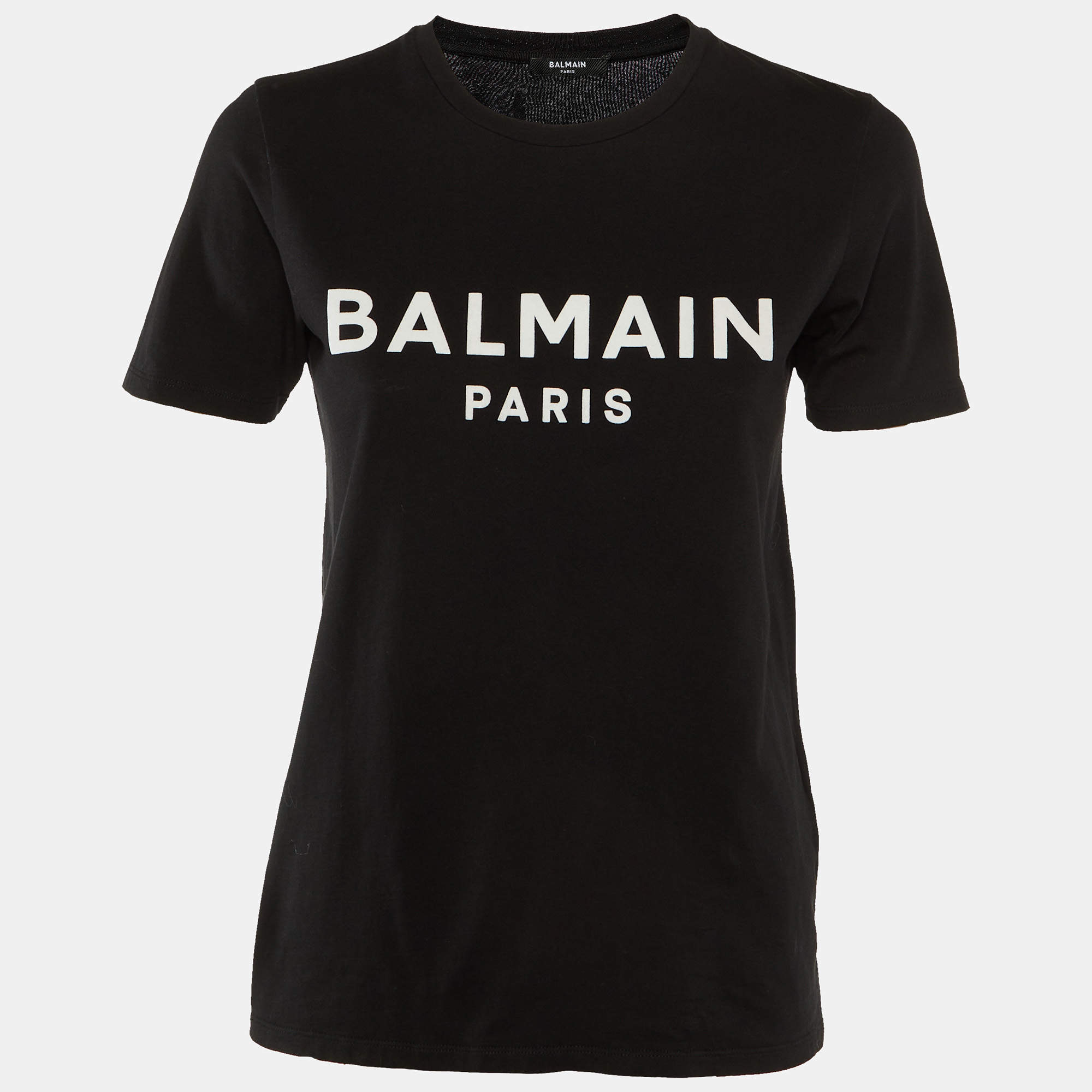 Pre Owned Balmain Black Logo Flock Print Cotton Crew Neck T-Shirt XS 