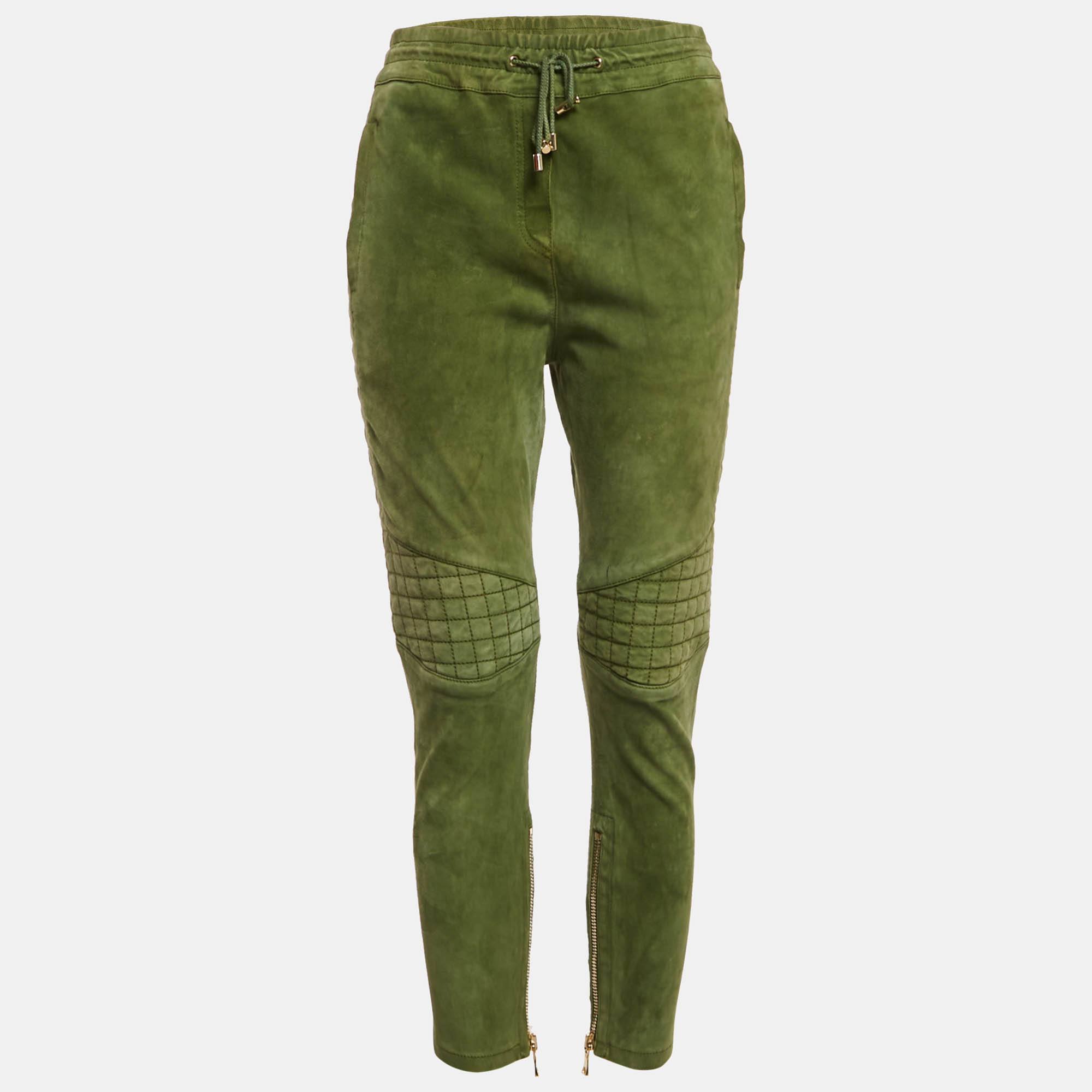 Balmain Olive Green Suede Quilt Detail Pants M
