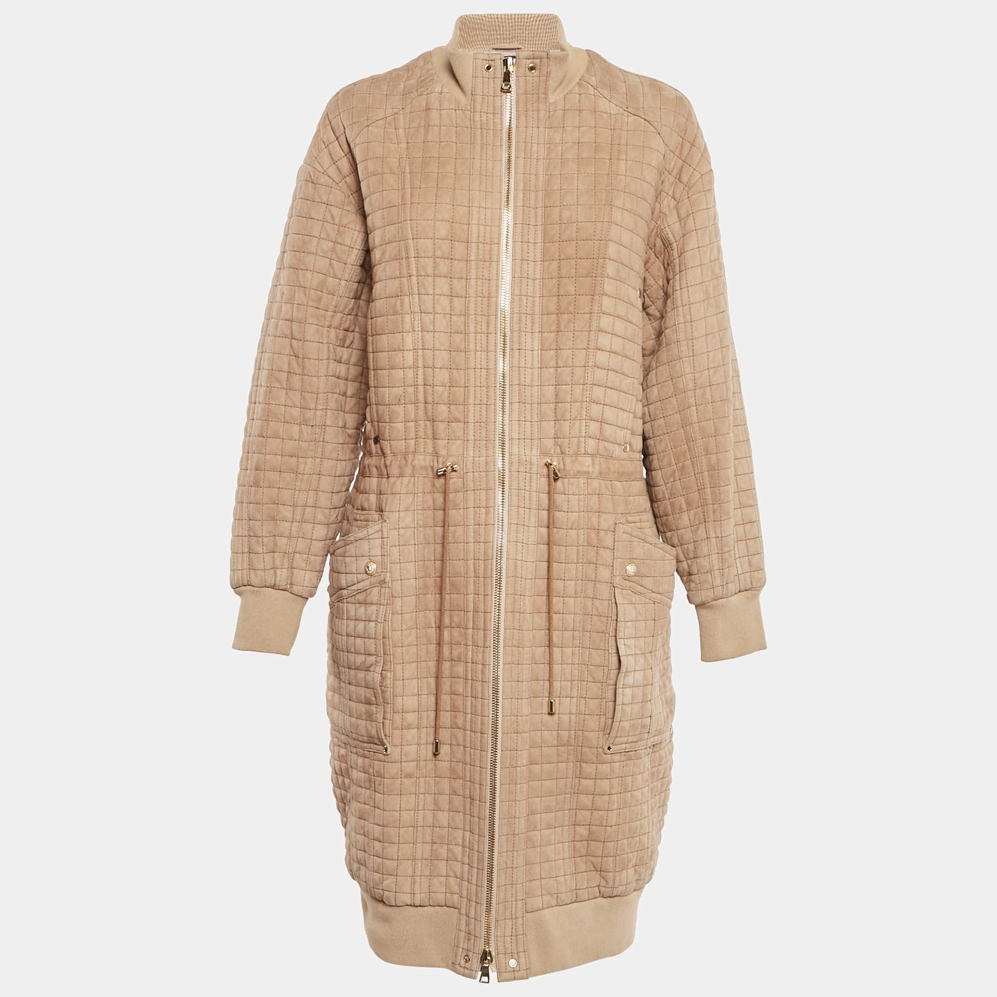 Balmain Beige Suede Zip-Up Quilted Long Coat M
