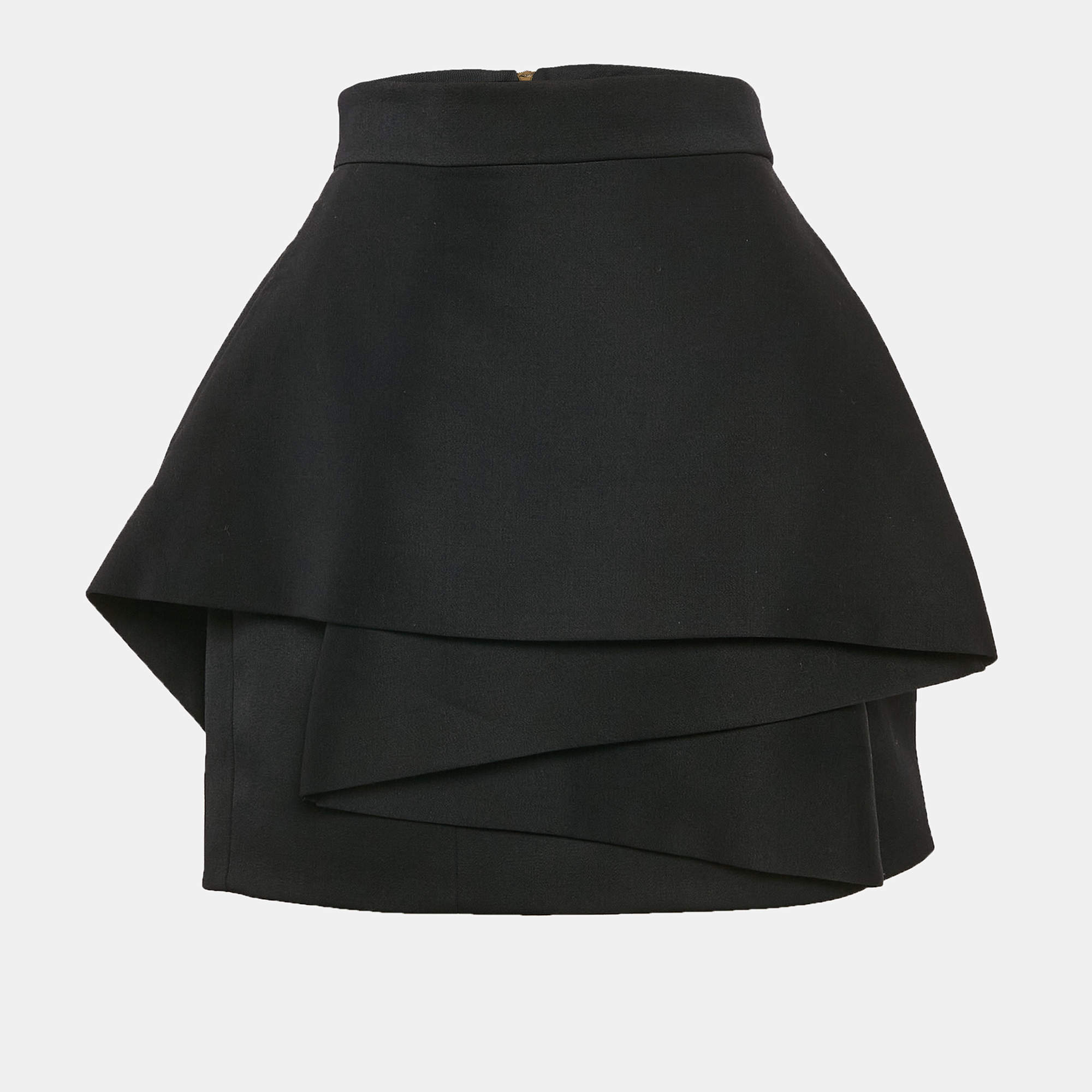 Balmain Black Wool Ruffled Mini Skirt L