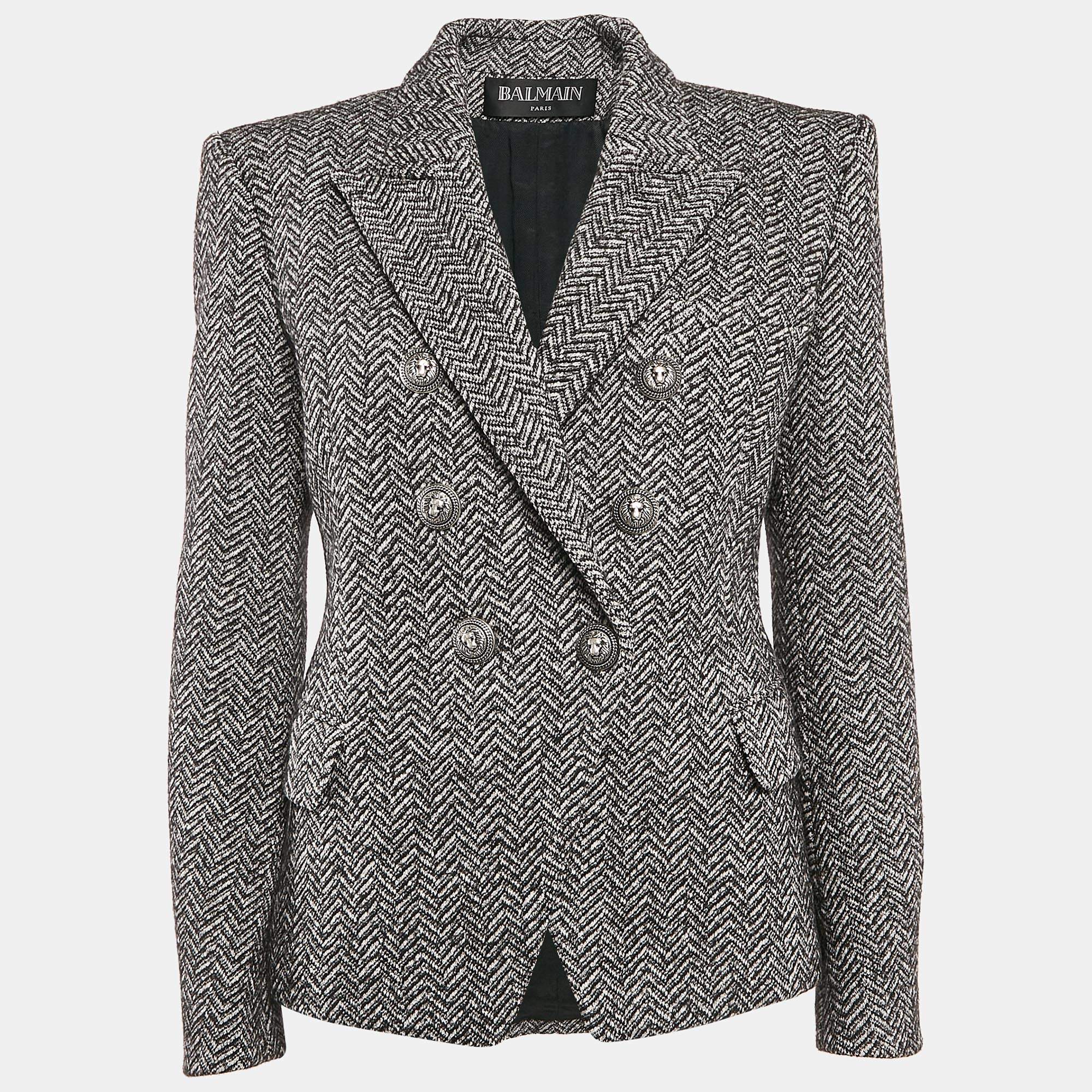Balmain Black/White Herringbone Button Detail Double Breasted Blazer L