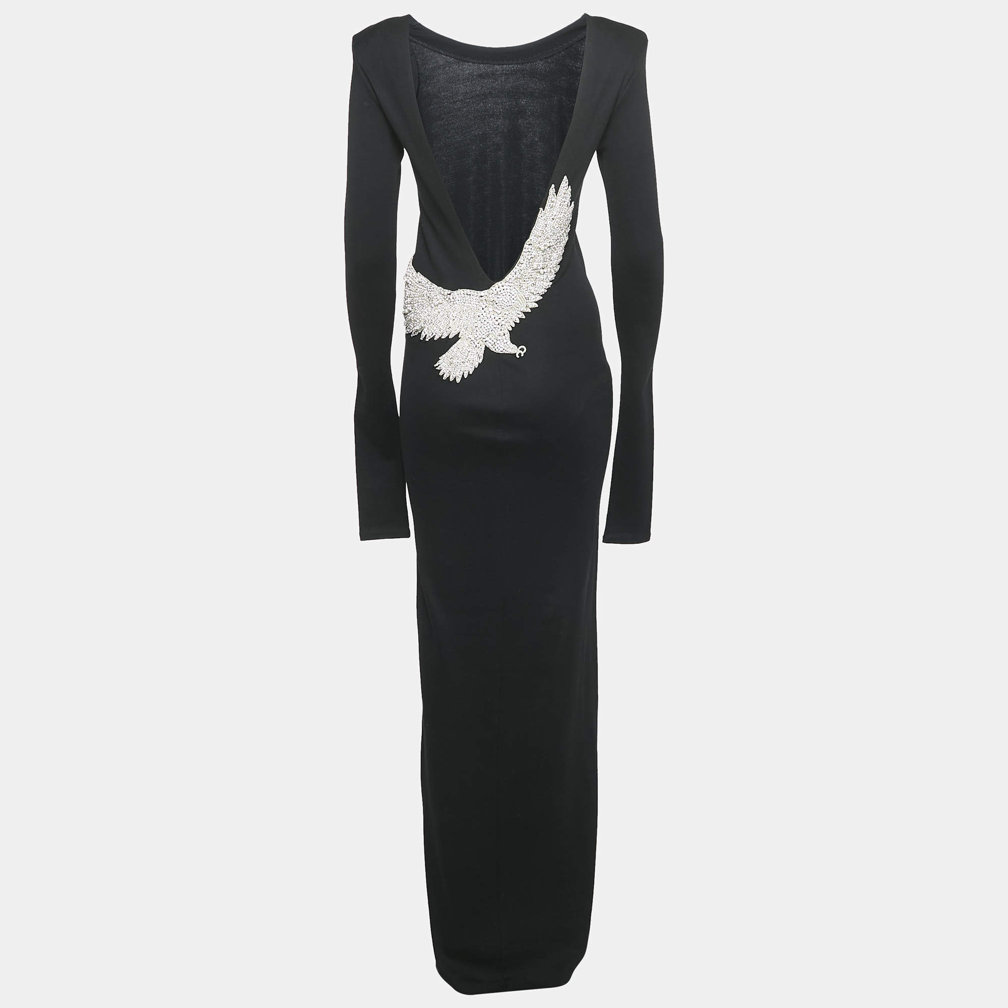 Balmain Black Eagle Embroidered Cotton Knit Plug Neck Maxi Dress M