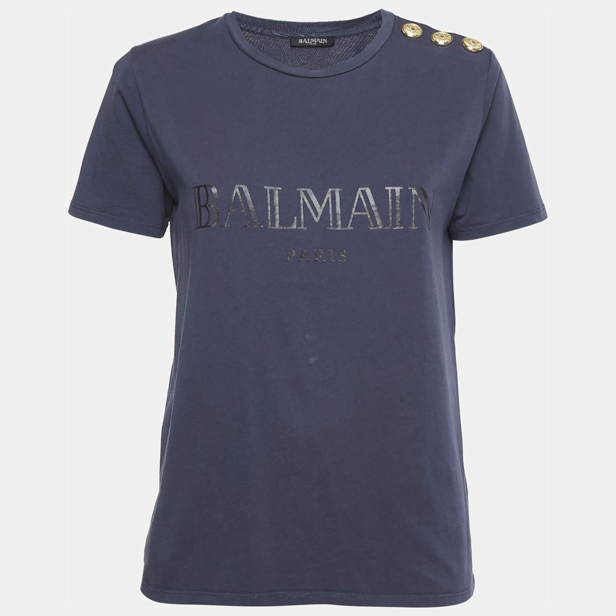 Balmain Blue Logo Print Cotton Button Detail Top M
