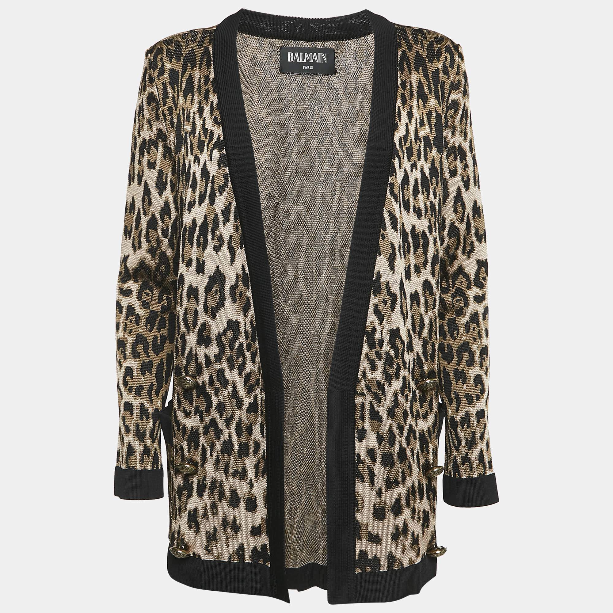 Balmain Brown Leopard Jacquard Knit Button Detail Open Front Cardigan M