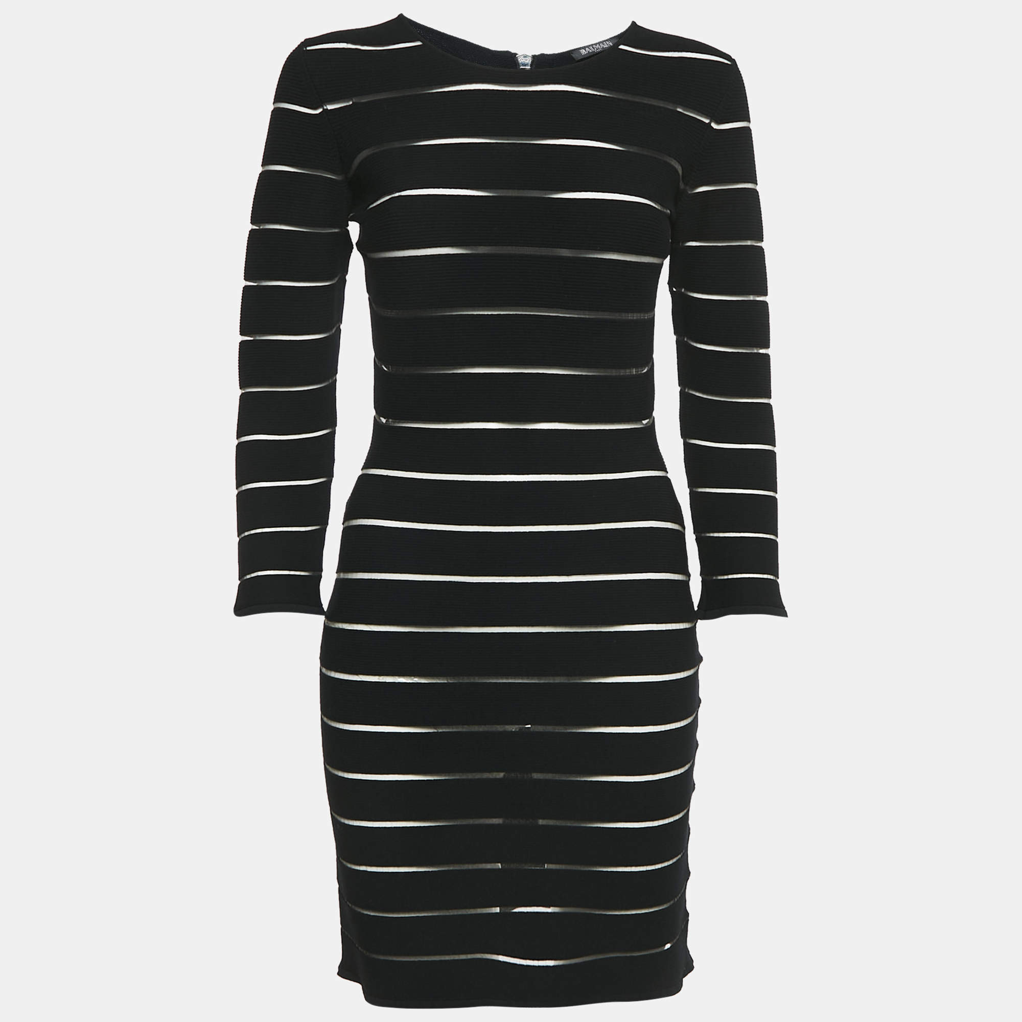 Balmain Black Striped Jersey Long Sleeve Mini Bodycon Dress L