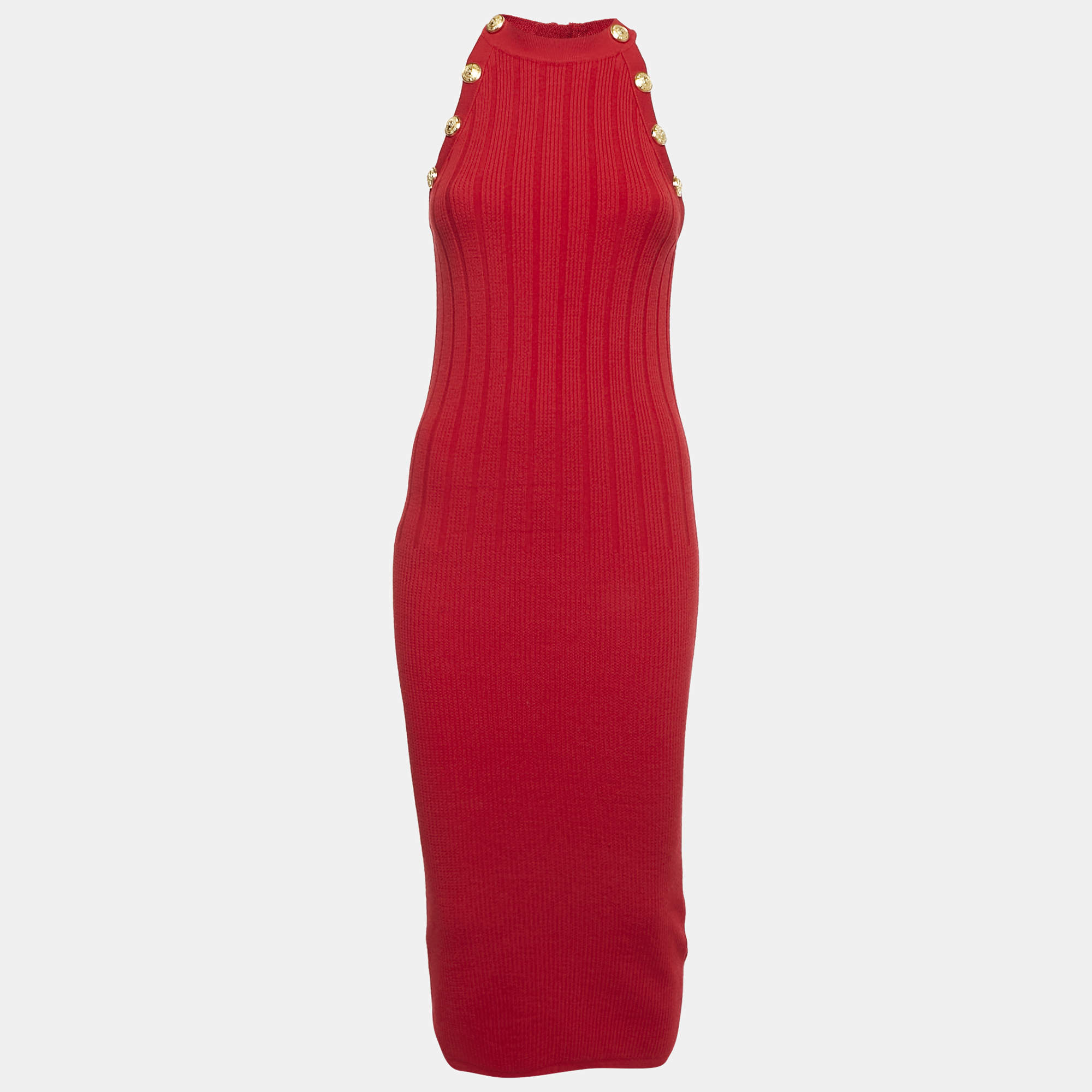 Pre Owned Balmain Red Rib Knit Button Detail Sleeveless Fitted Dress M