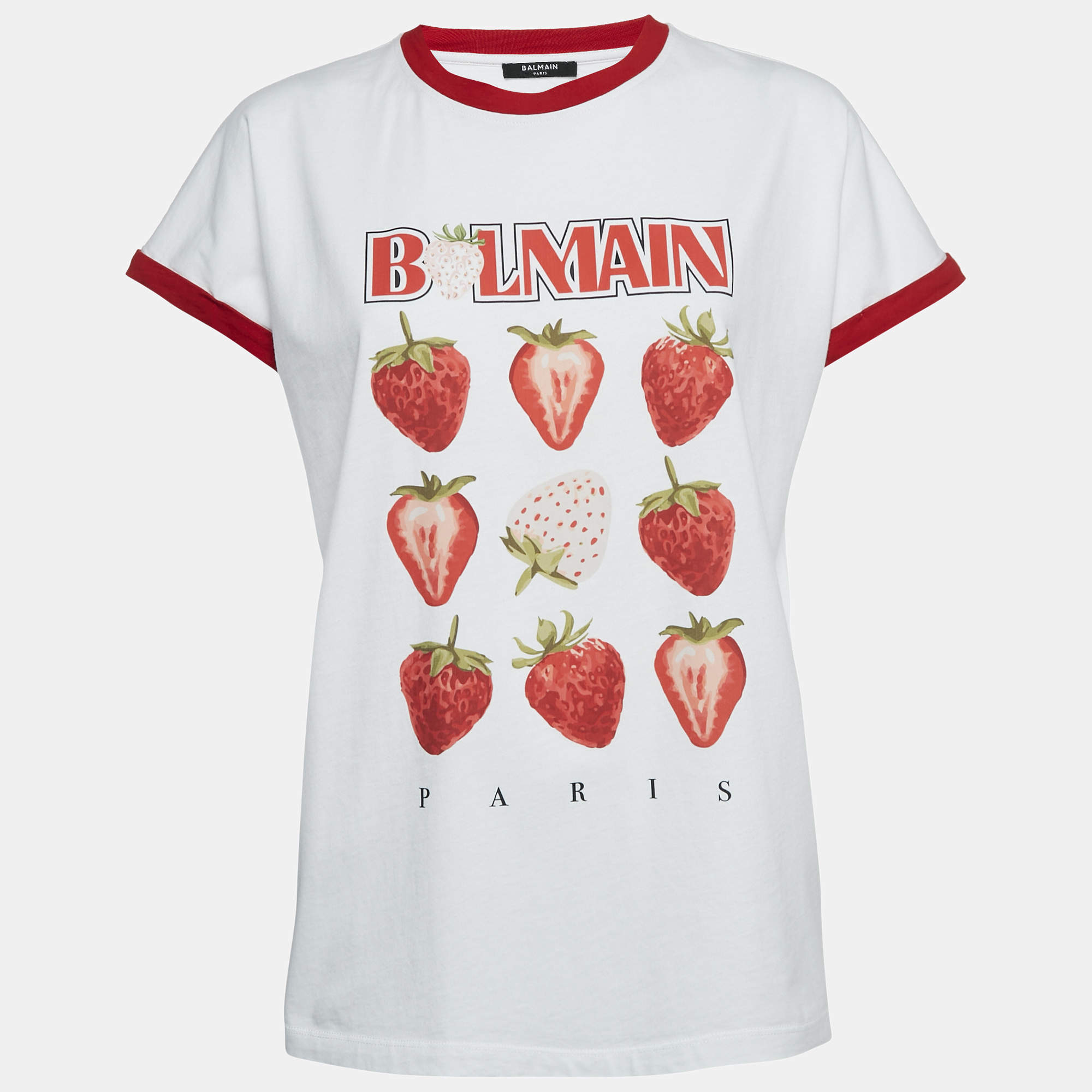 Balmain White Strawberry Print Jersey T-Shirt M