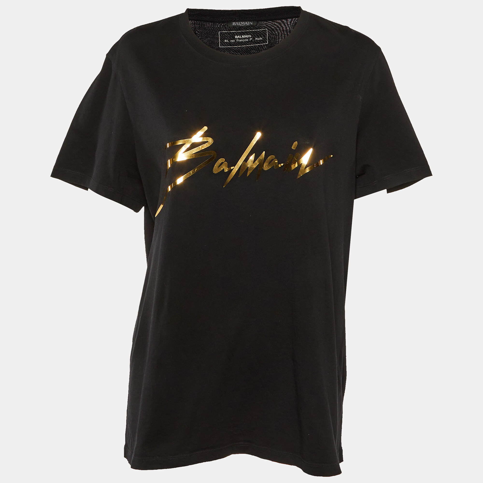 مملوكة مسبقًا Balmain Black Foil Logo Cotton Crew Neck T-Shirt XXL
