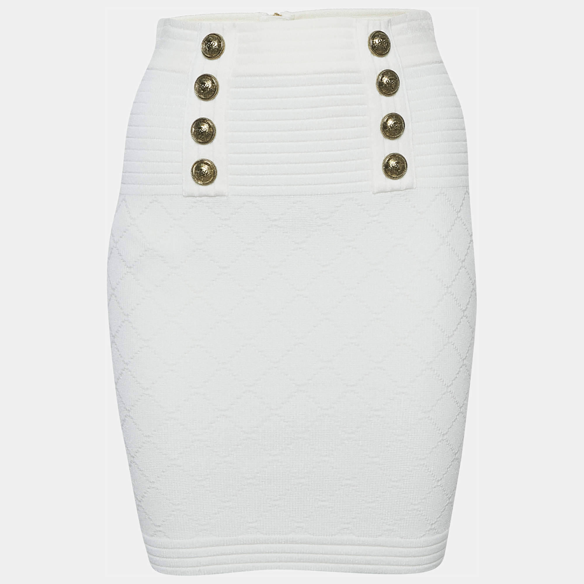 Balmain White Stretch Button Embellished Knit Mini Skirt S
