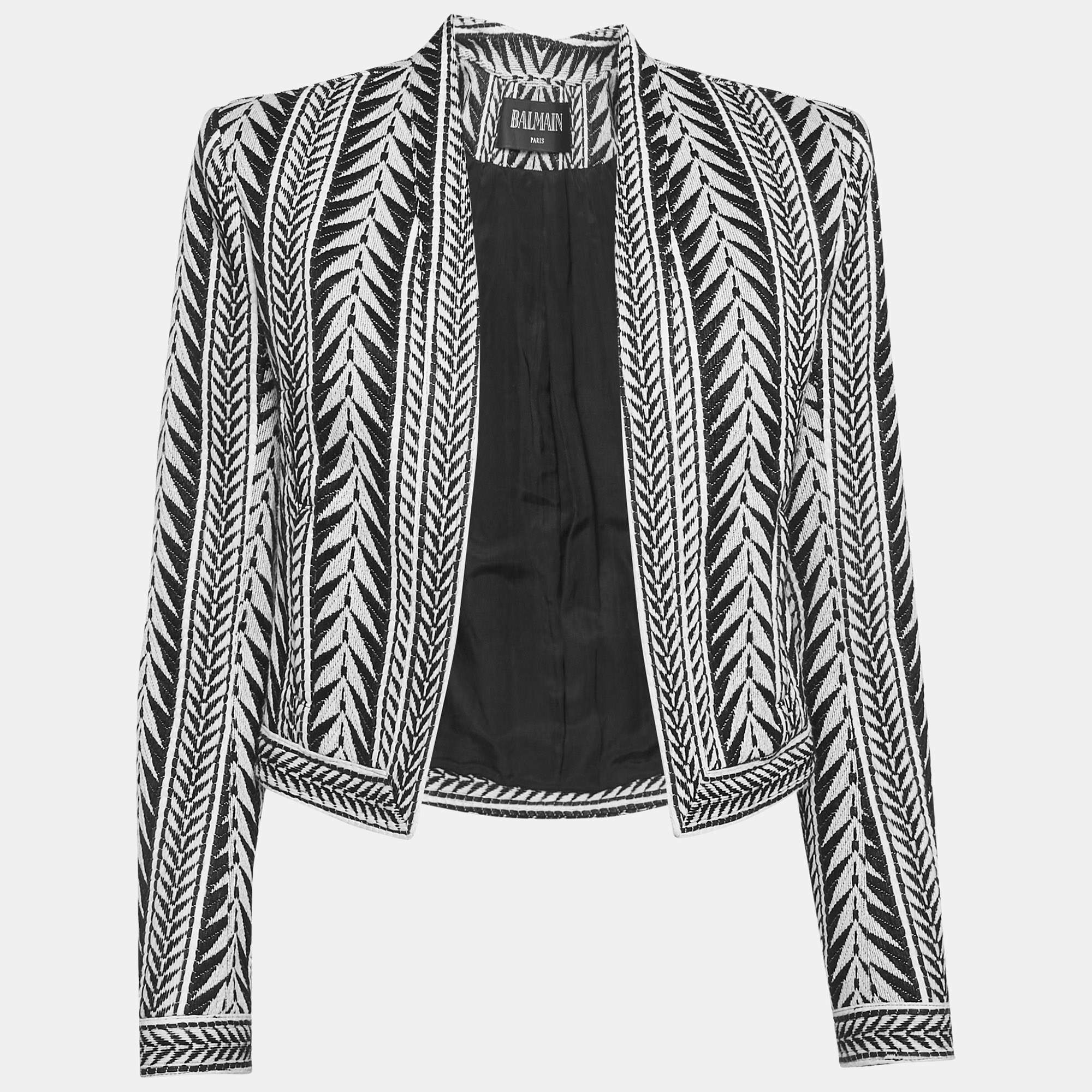 Balmain Black/White Tribal Pattern Jacquard Open Front Jacket 